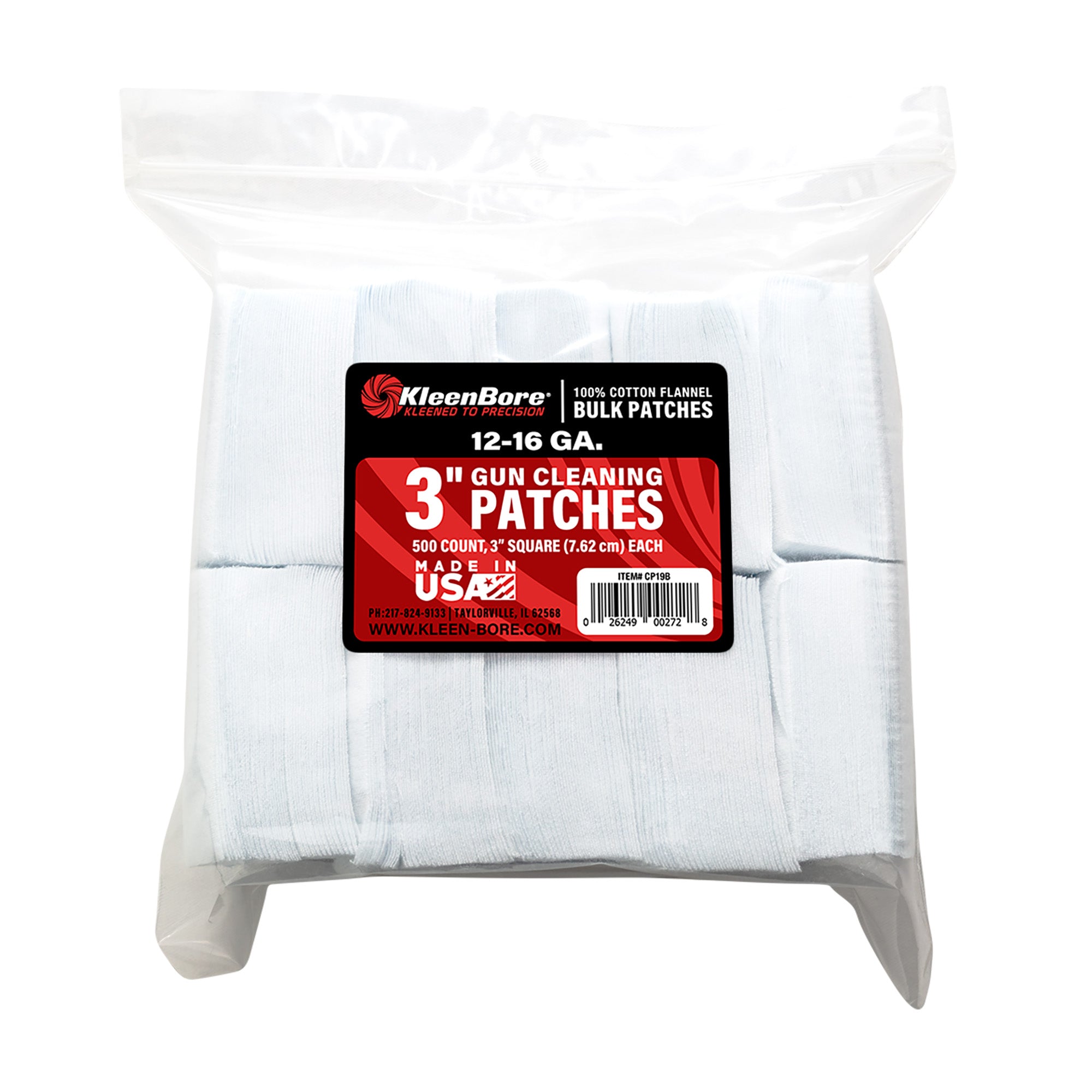 Kleen-Bore SuperShooter CP19B Cotton Flannel Patches for 12-16 Gauge Shotguns, 500 Pack