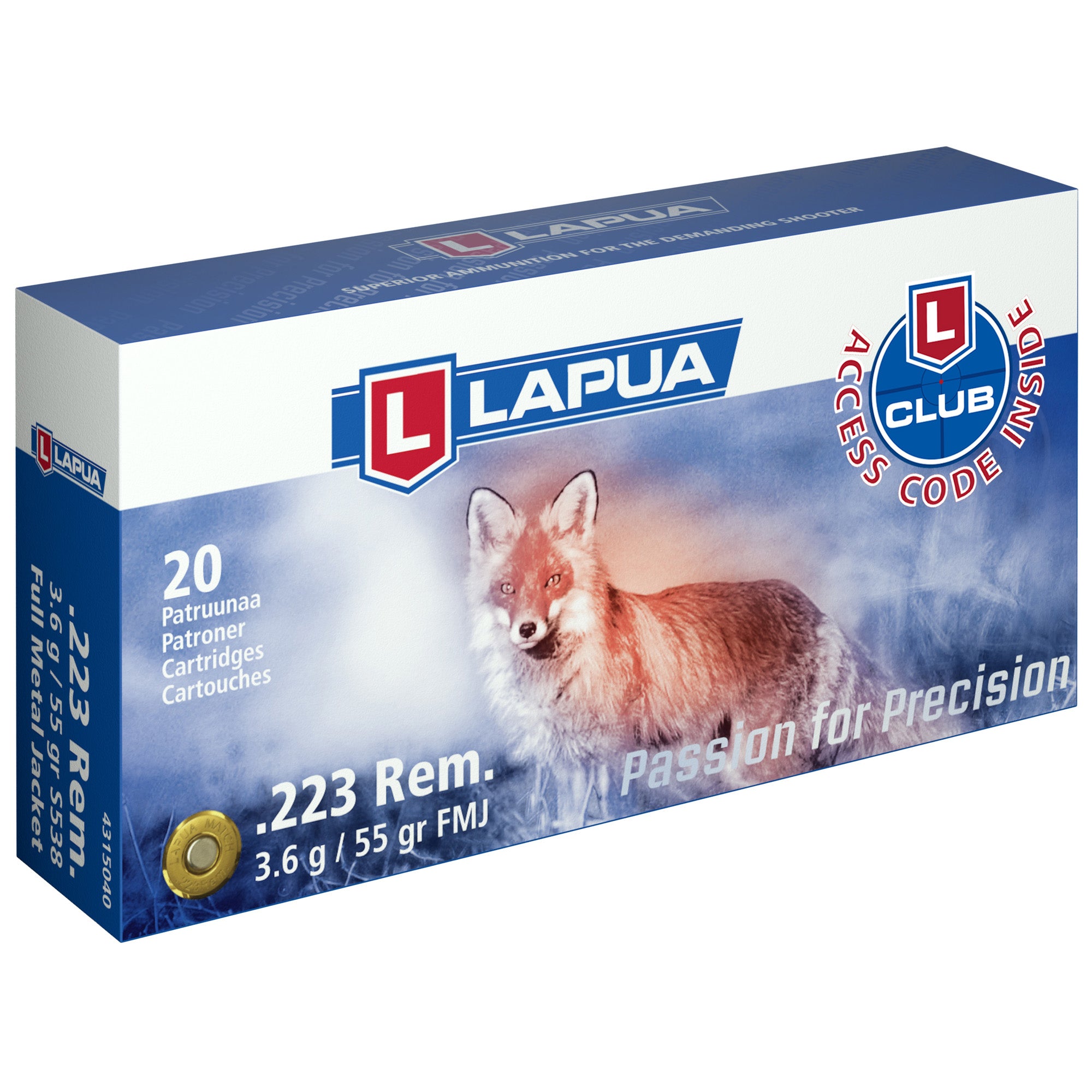 Lapua 223 Remington 55 Grain Full Metal Jacket Ammunition - 20 Rounds per Box, 600 per Case