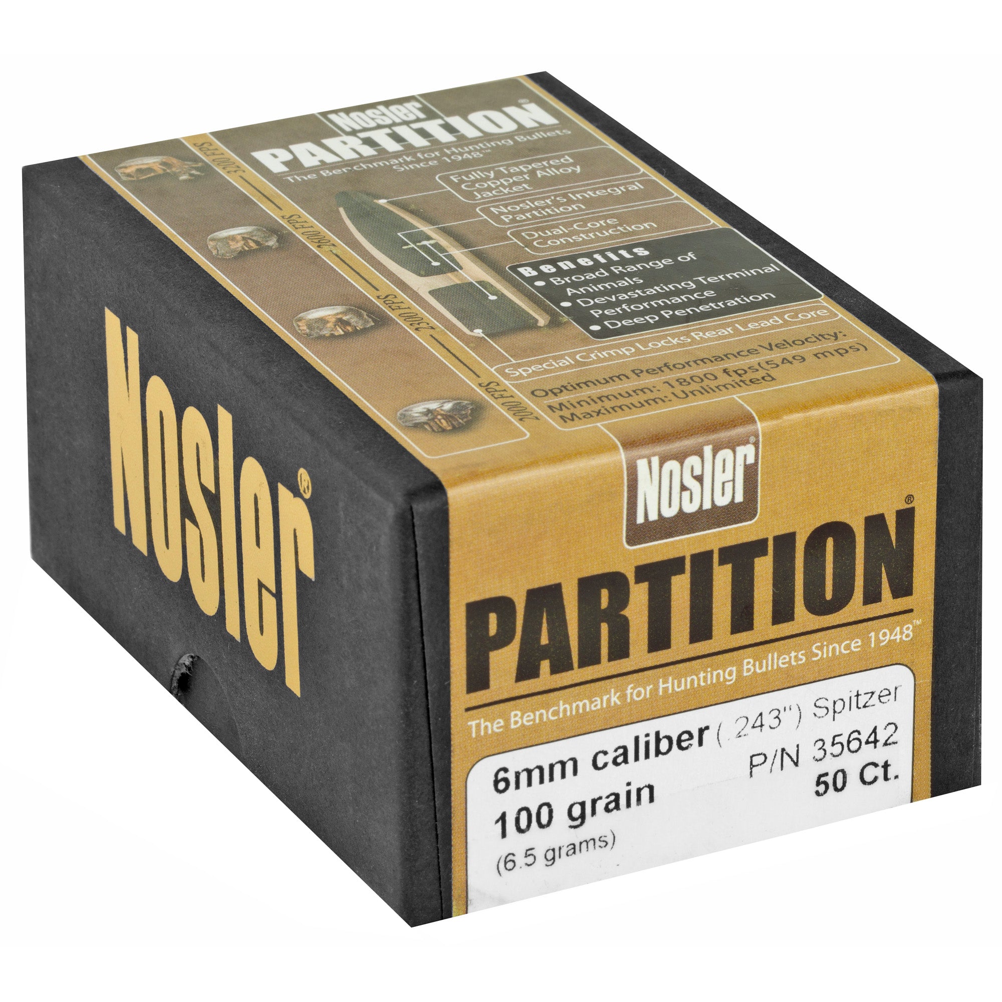 Nosler Partition 6mm 100-Grain Spitzer Bullet, 50 Rounds - Model NOSB35642