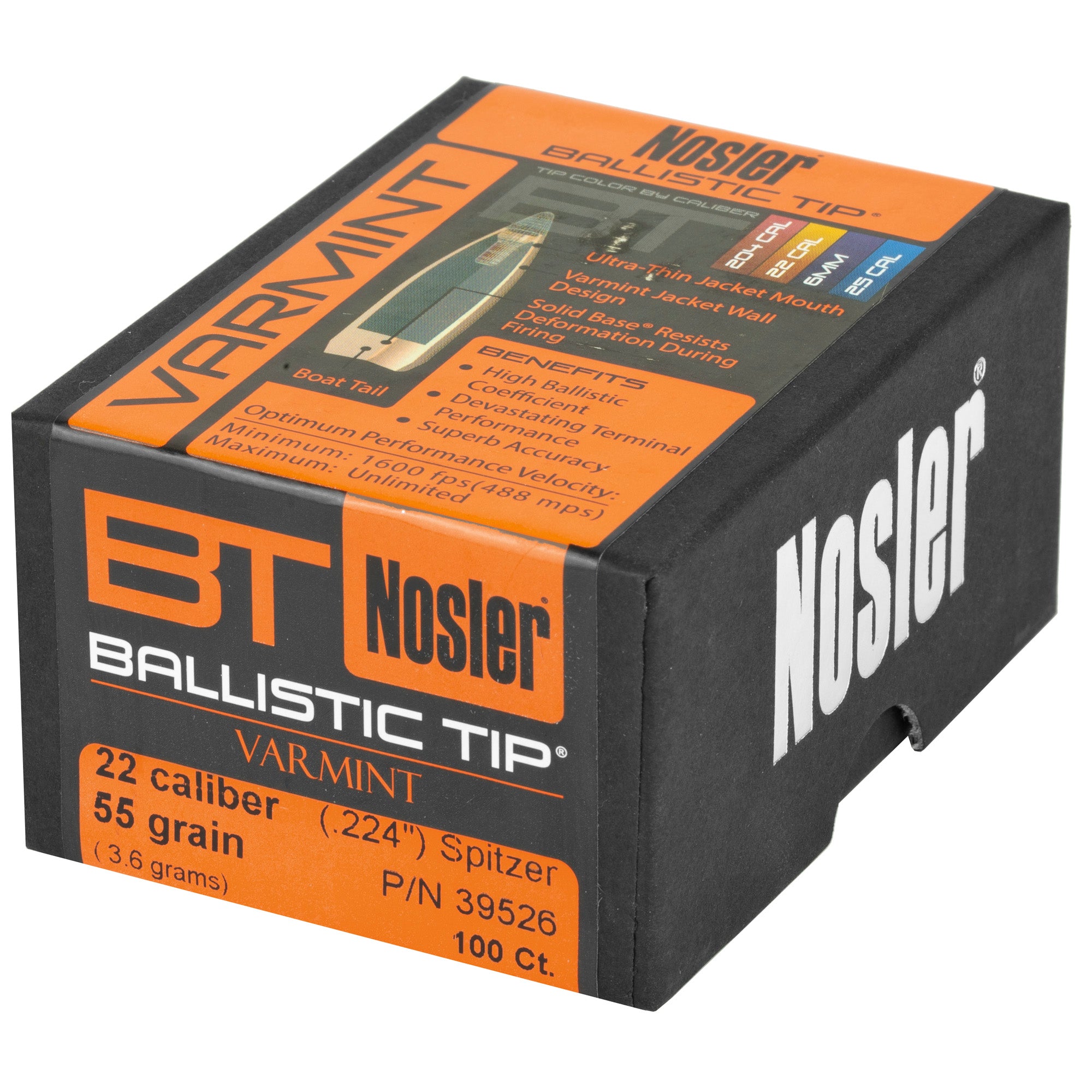 Nosler Ballistic Tip Varmint Bullets 22 Caliber, 55 Grain, 100 Count