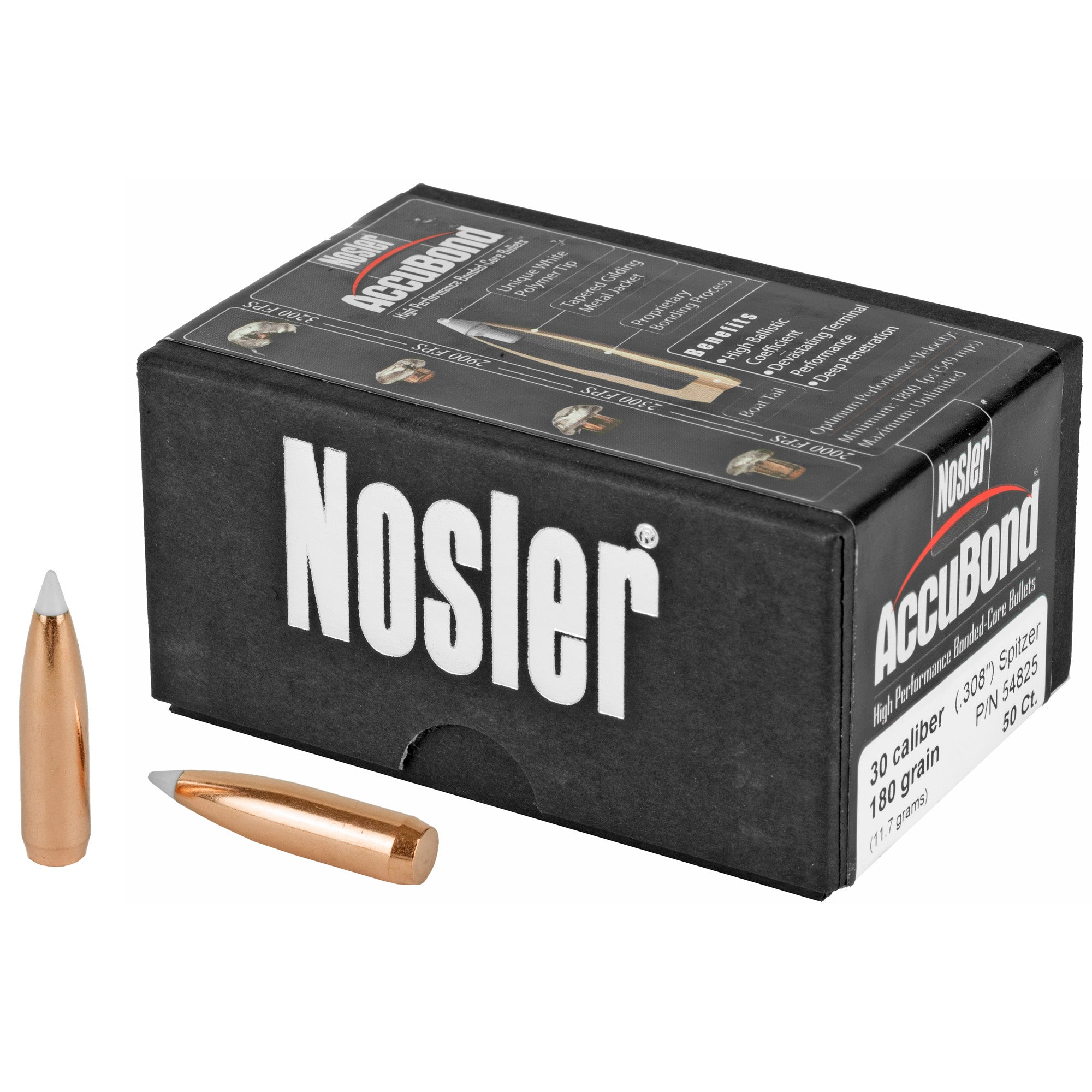 Nosler AccuBond 30 Caliber 180-Grain Bonded Hunting Bullets - Pack of 50