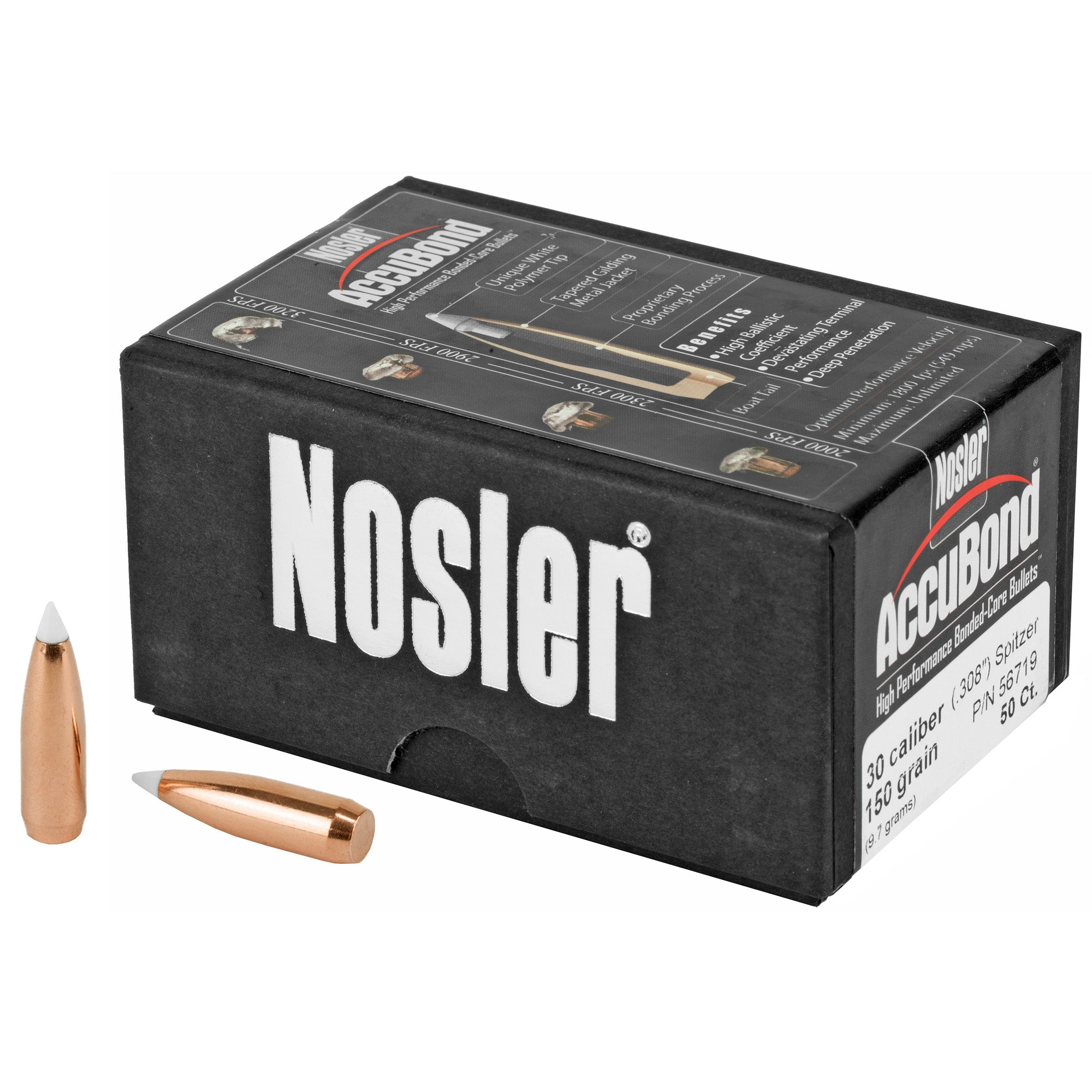 Nosler AccuBond 30 Caliber 150 Grain Bonded Boat Tail Bullets (50 Count)