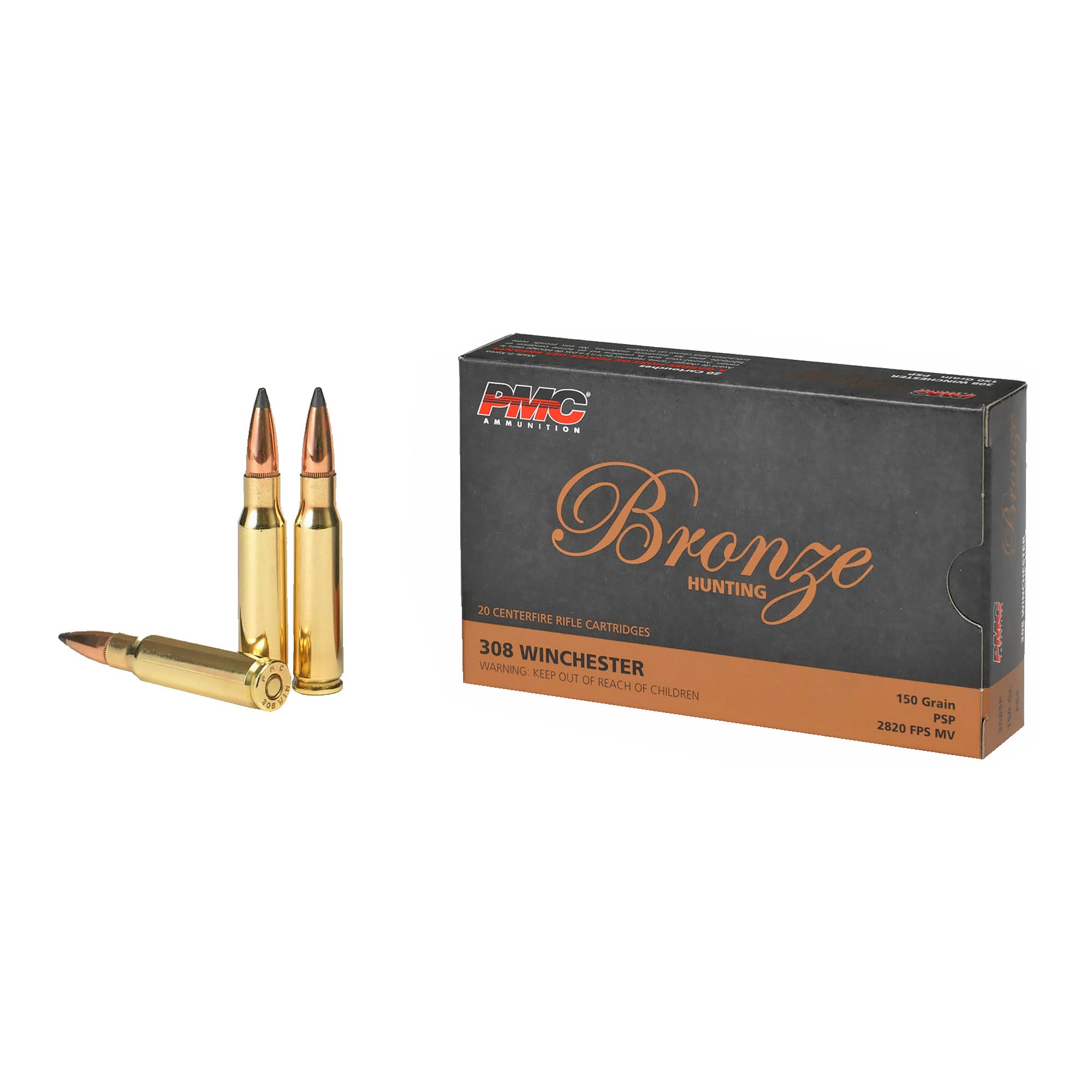 PMC Ammunition Bronze Soft Point Cartridge for 308 Winchester - 150 Grain, Box of 20