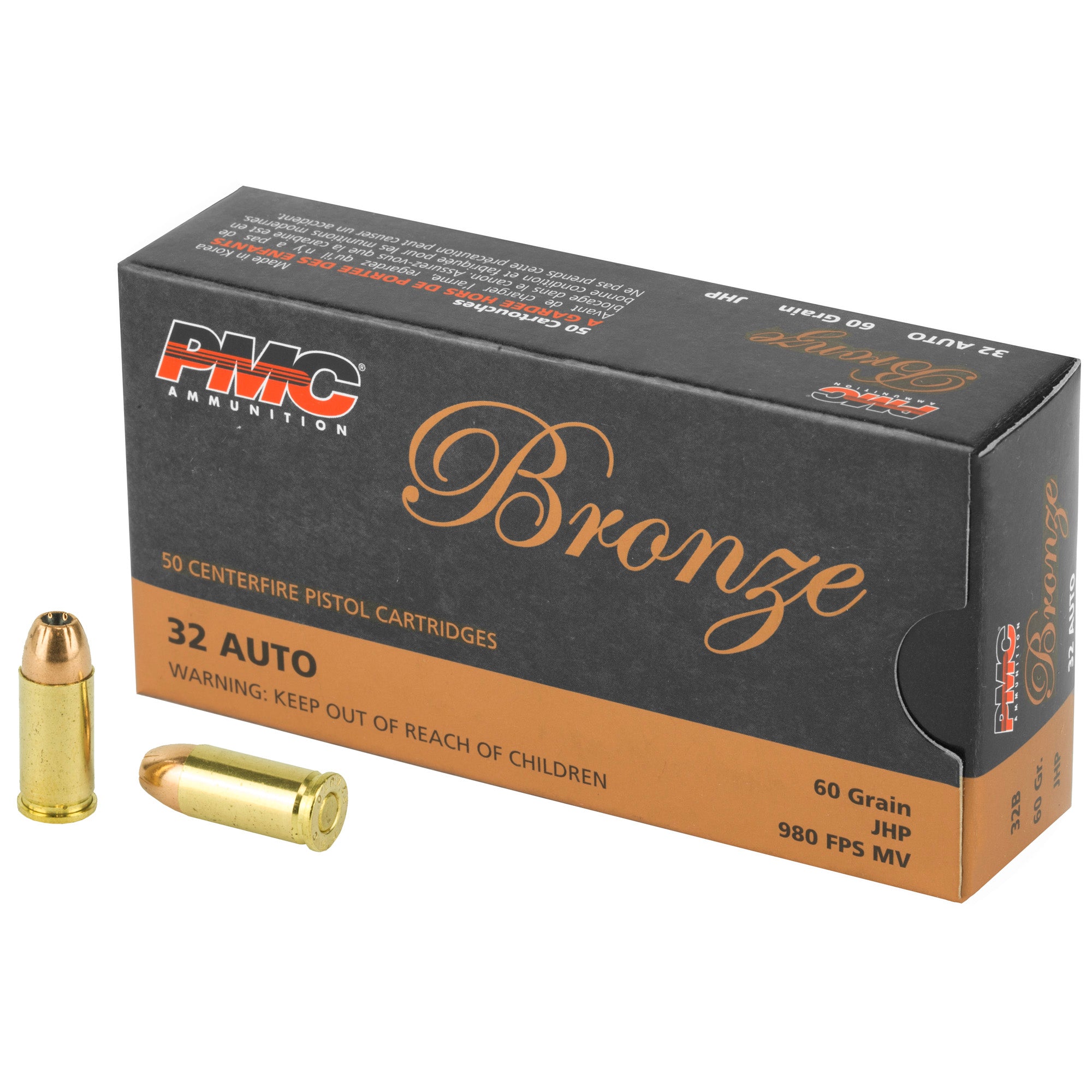 PMC Ammunition Bronze 32 ACP 60-Grain Hollow Point Bullet - Reliable Self-Defense and Range Ammo