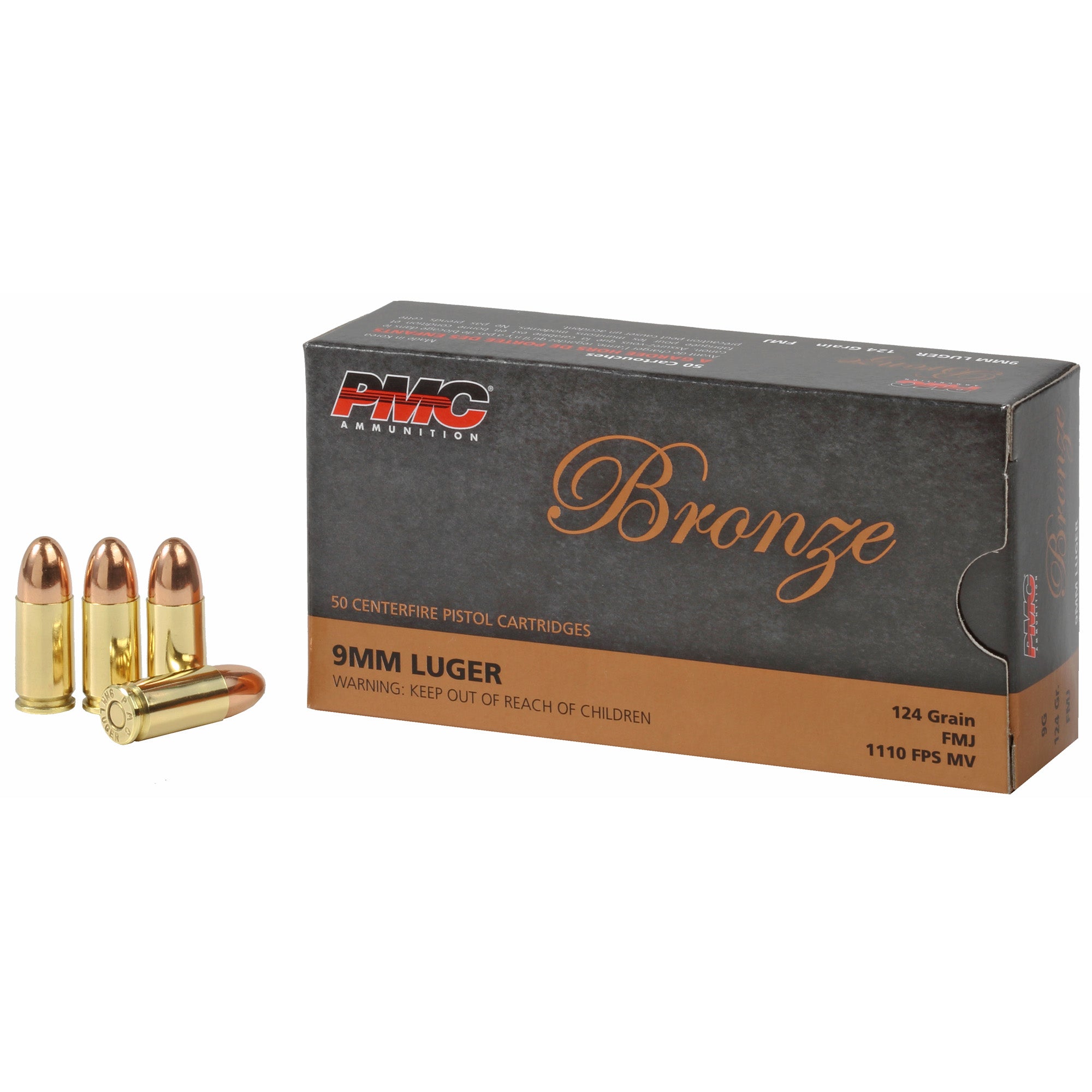 PMC Ammunition Bronze 9mm 124 Grain Full Metal Jacket – 50 Rounds Box, 1000 Rounds Case