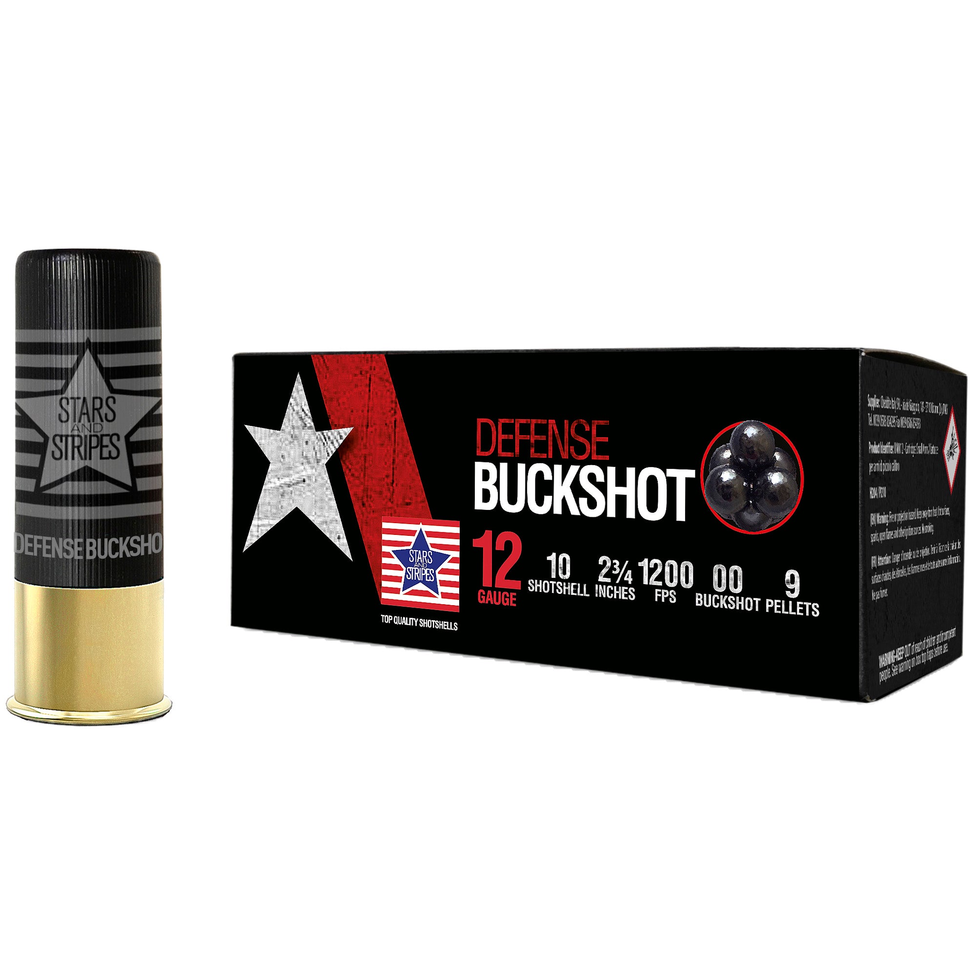 Stars and Stripes Defense 12 Gauge Buckshot Ammunition - 9 Pellets of #00 Buck, Model Stars and Stripes Defense
