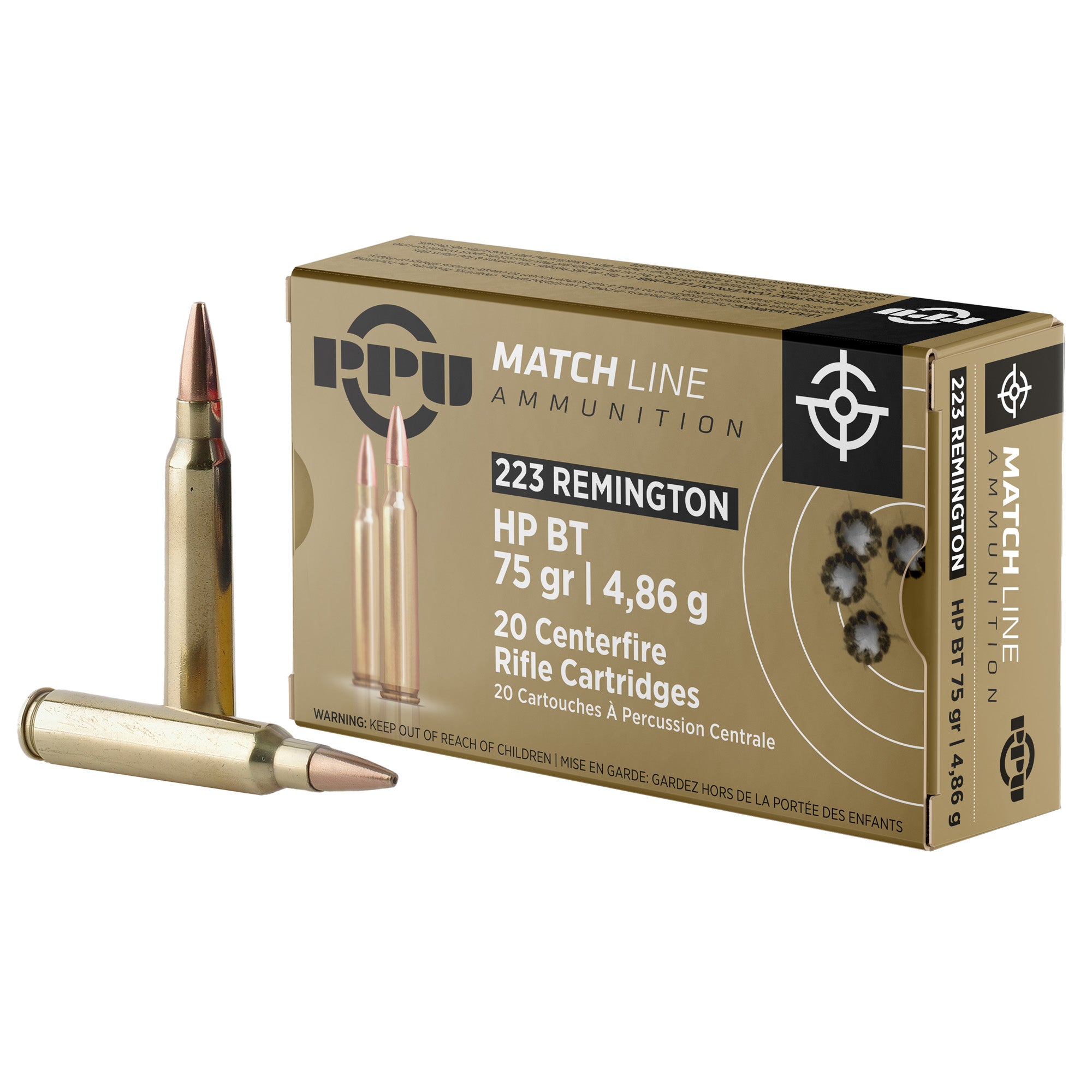 Prvi Partizan PPU Match .223 Remington 75 Grain Boat Tail Hollow Point Ammunition (20/1000)