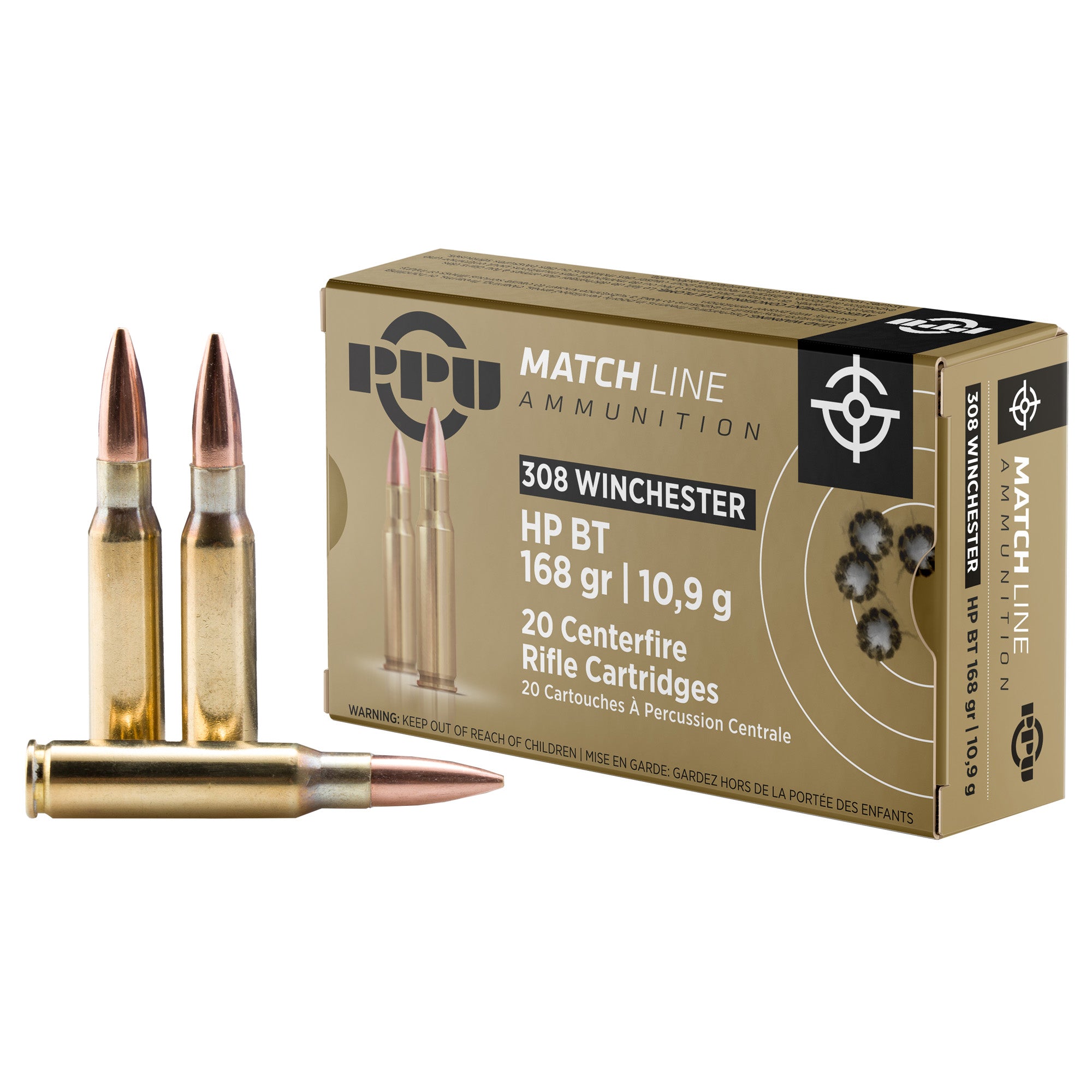 Prvi Partizan PPU .308 Winchester Match 168 Grain Boat Tail Hollow Point Ammo - 20 Rounds per Box