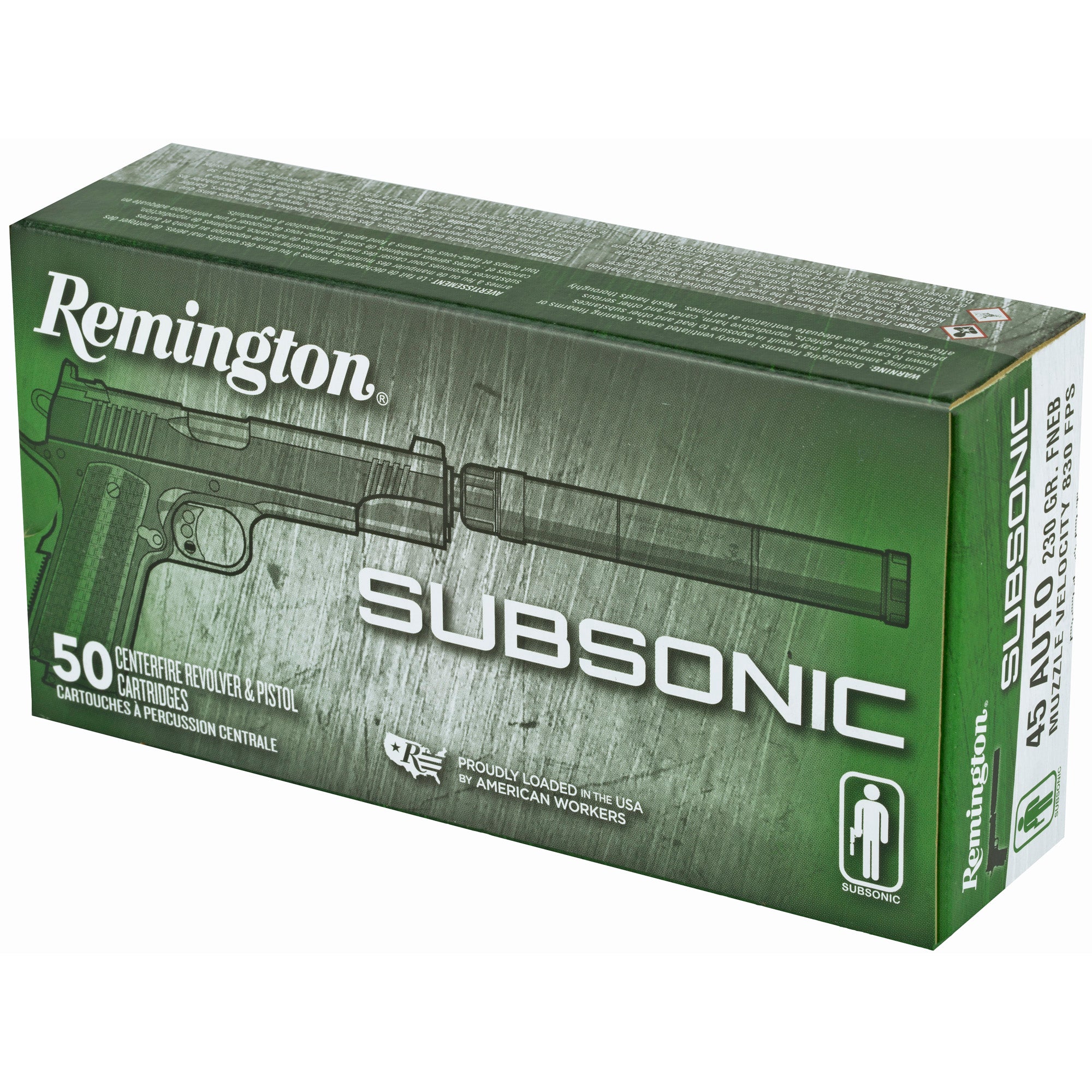 Remington Subsonic 45 ACP 230-Grain Flat Nose Ammunition - 50 Rounds per Box