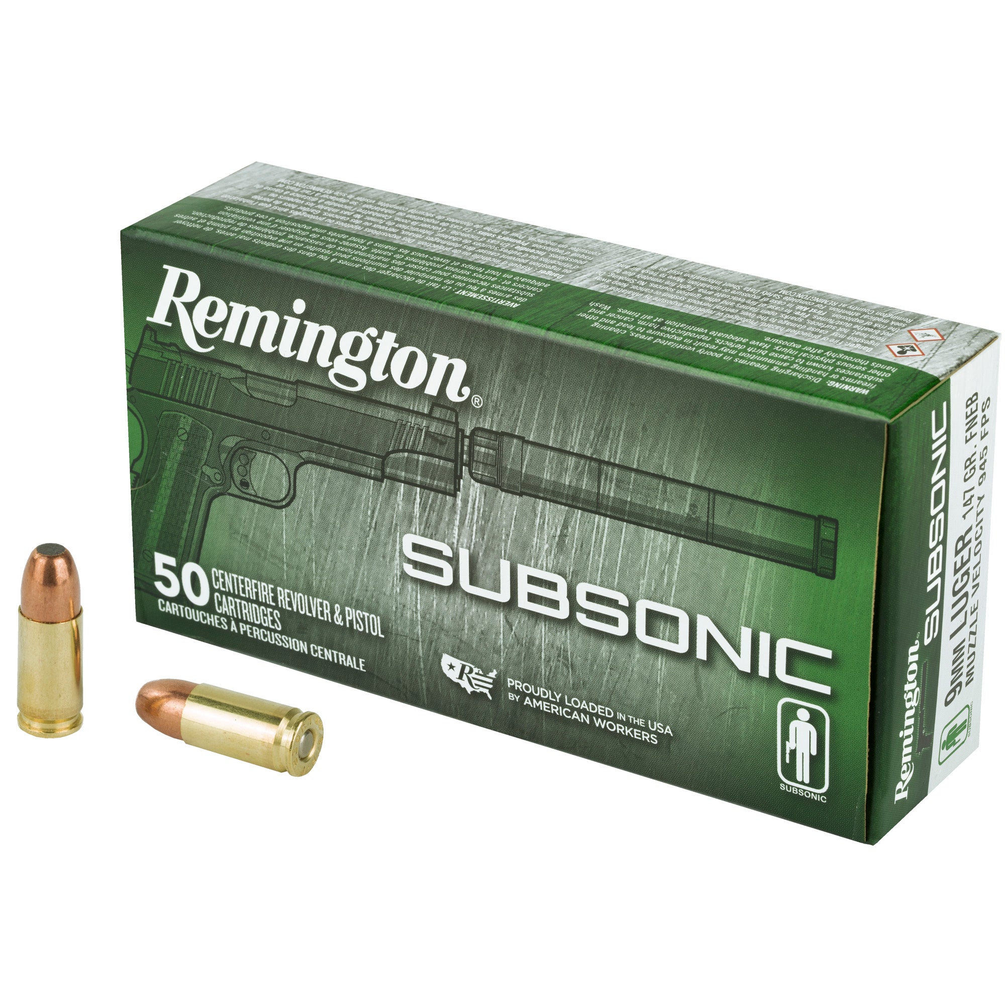 Remington Subsonic 9mm 147 Grain Flat Nose Ammunition - 50 Rounds per Box