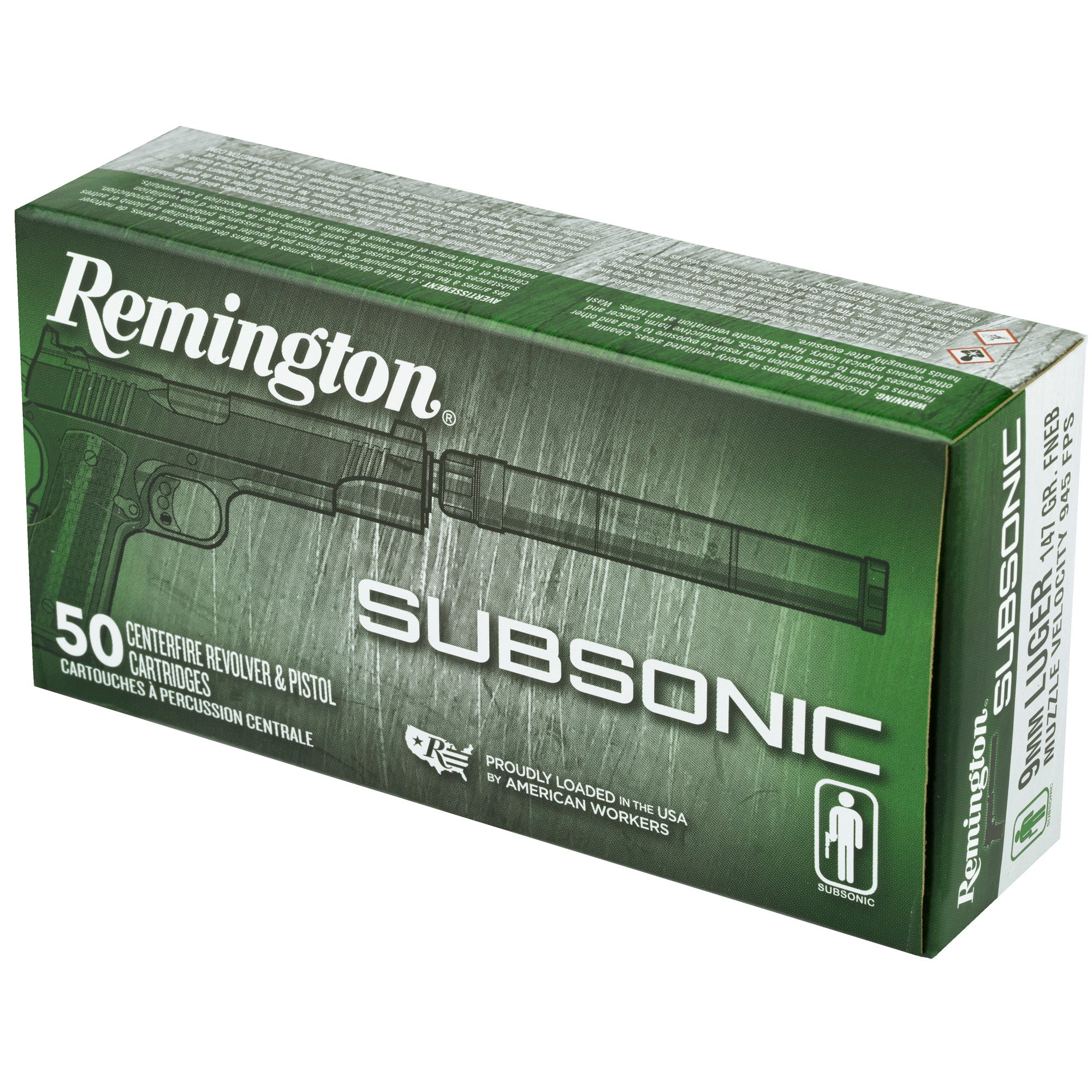 Remington Subsonic 9mm 147 Grain Flat Nose Ammunition - 50 Rounds per Box