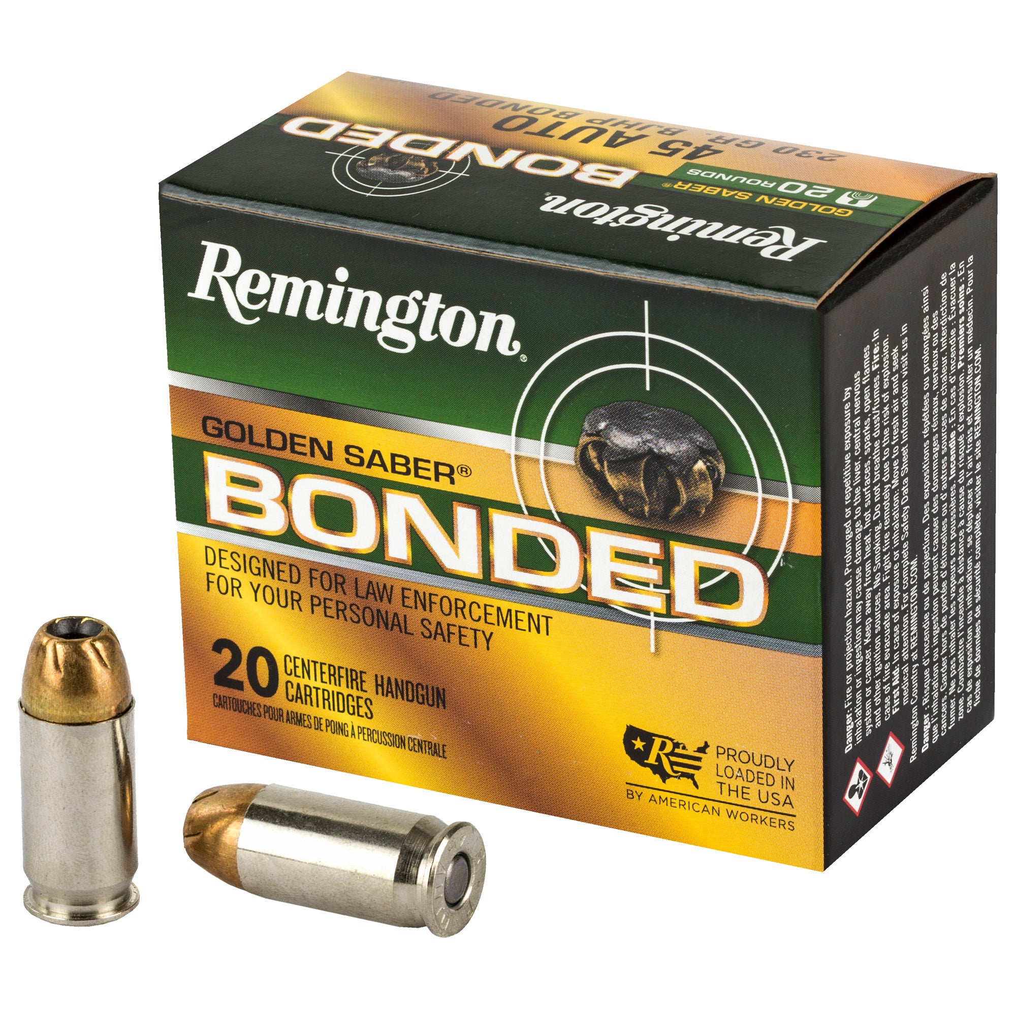 Remington Golden Saber Bonded 45 ACP 230-Grain Hollow Point Ammunition (20 Rounds / Box, 500 Rounds / Case)
