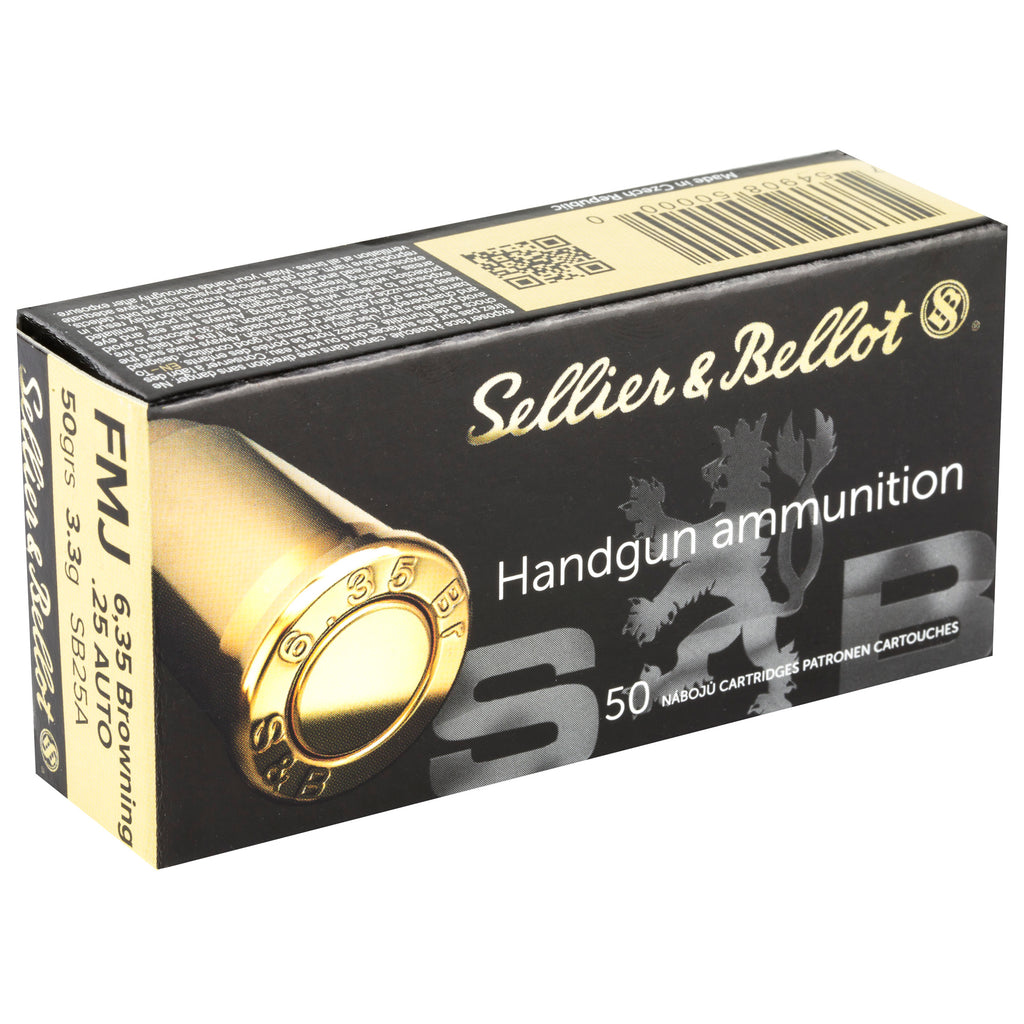 Sellier & Bellot S&B 25ACP 50-Grain Full Metal Jacket Pistol Ammunition, 50 Rounds per Box