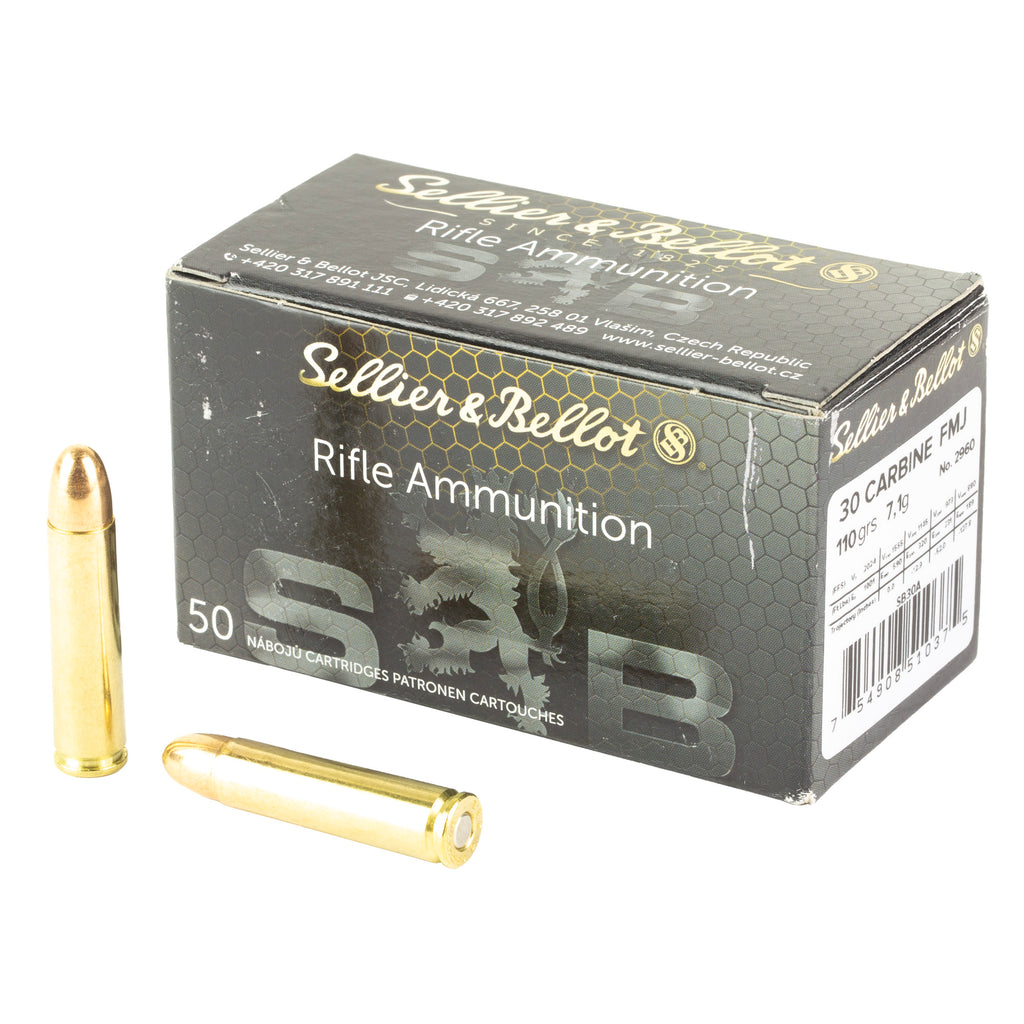 Sellier & Bellot 30 Carbine 110 Grain Full Metal Jacket Rifle Ammunition, 50 Rounds per Box