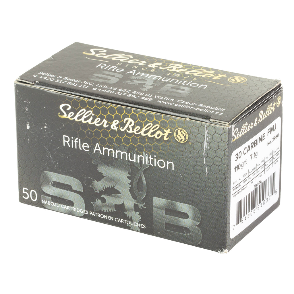 Sellier & Bellot 30 Carbine 110 Grain Full Metal Jacket Rifle Ammunition, 50 Rounds per Box
