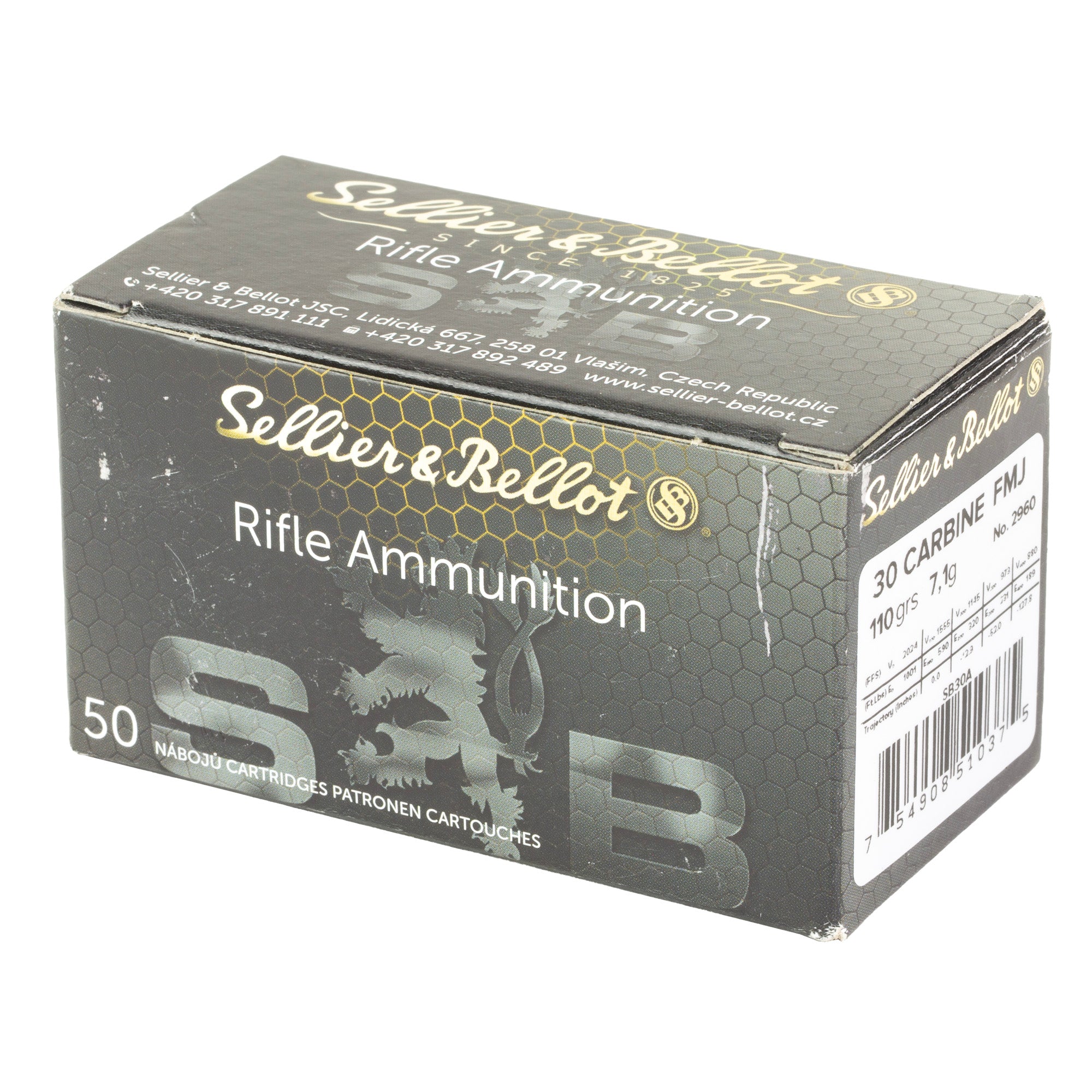 Sellier & Bellot 30 Carbine 110 Grain Full Metal Jacket Rifle Ammunition, 50 Rounds per Box