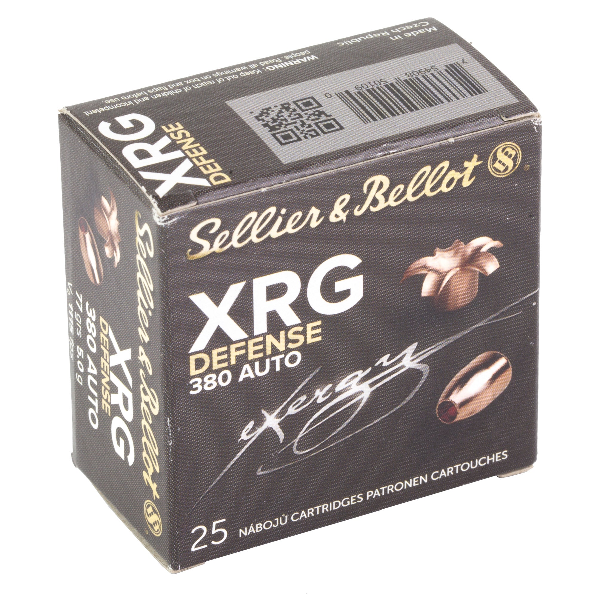 Sellier & Bellot 380 ACP 77 Grain XRG Hollow Point Pistol Ammunition, 25 Rounds per Box