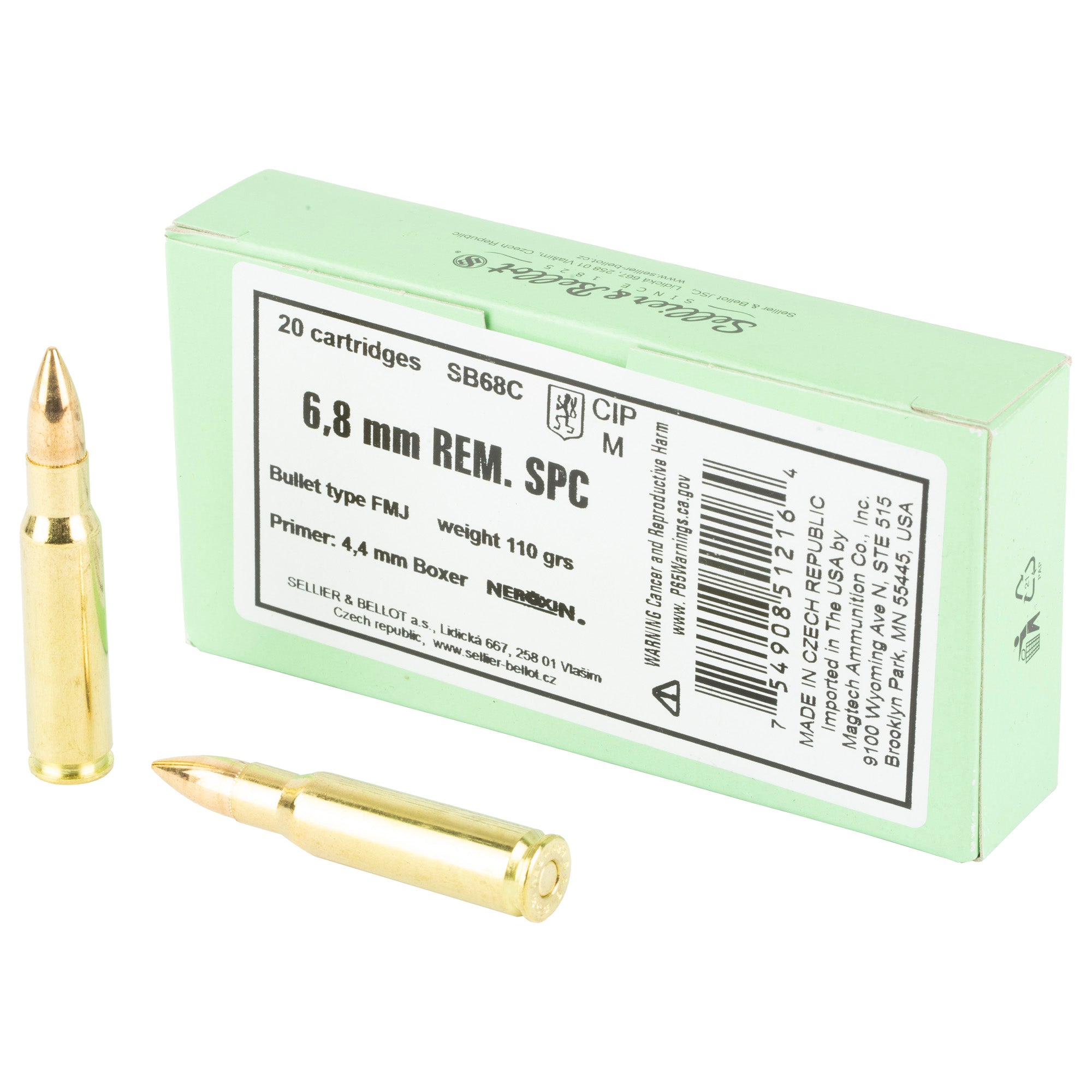 Sellier & Bellot 6.8 SPC Full Metal Jacket Rifle Ammunition, 110 Grain, 20 Rounds per Box