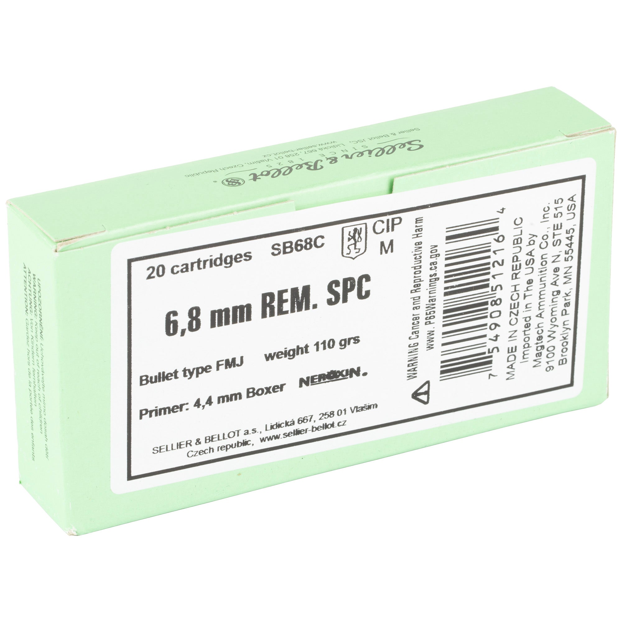 Sellier & Bellot 6.8 SPC Full Metal Jacket Rifle Ammunition, 110 Grain, 20 Rounds per Box