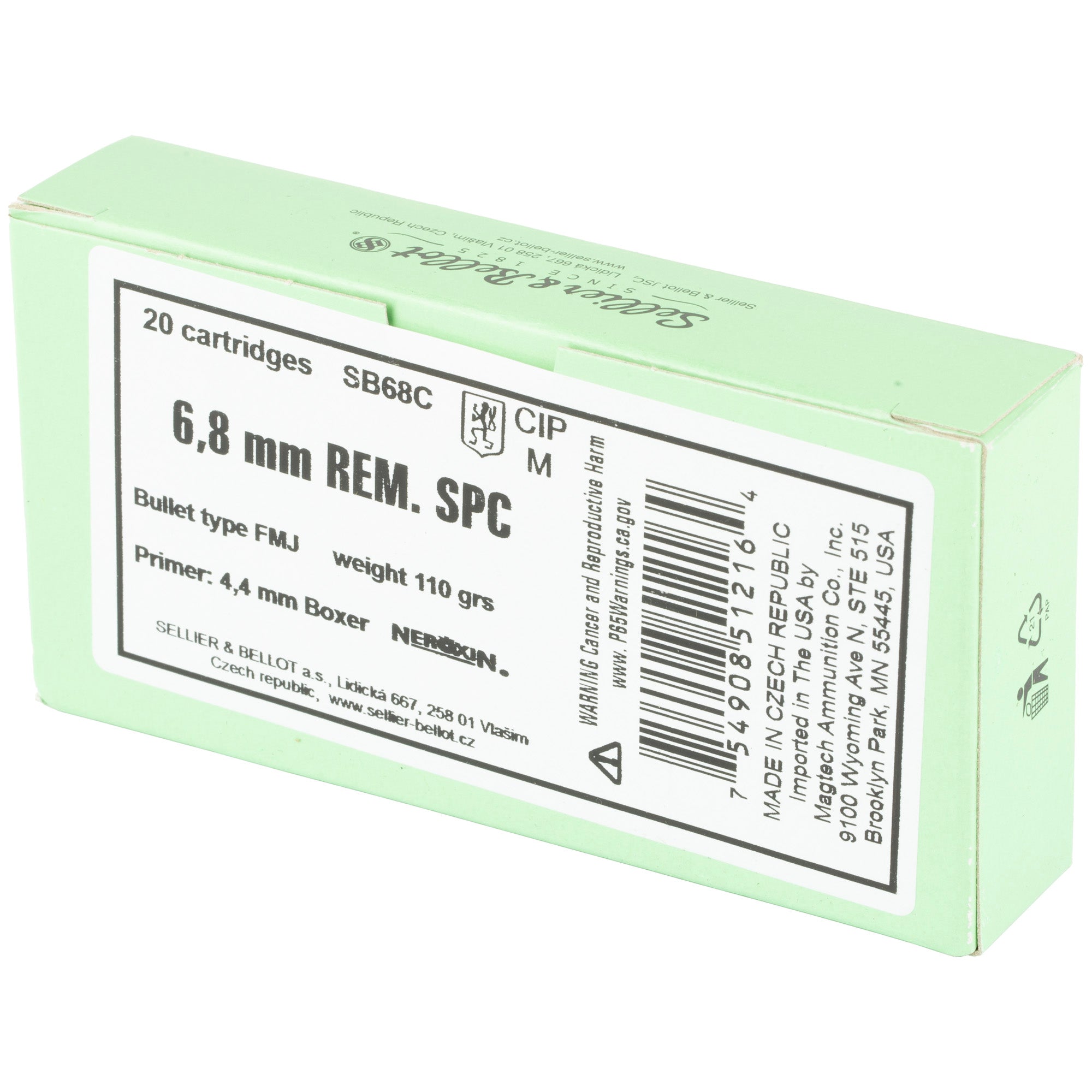 Sellier & Bellot 6.8 SPC Full Metal Jacket Rifle Ammunition, 110 Grain, 20 Rounds per Box