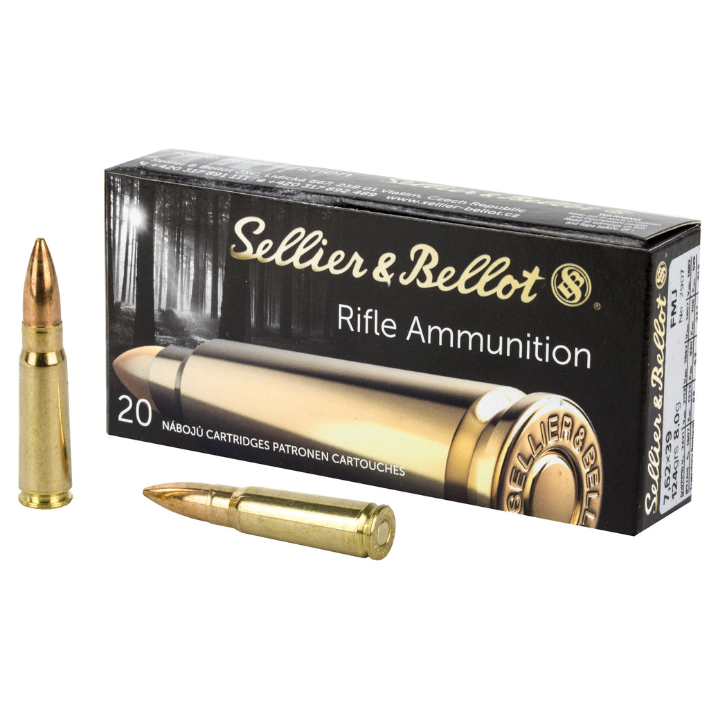 Sellier & Bellot 7.62x39mm Rifle Ammunition, 124 Grain Full Metal Jacket (FMJ), 20 Rounds Per Box