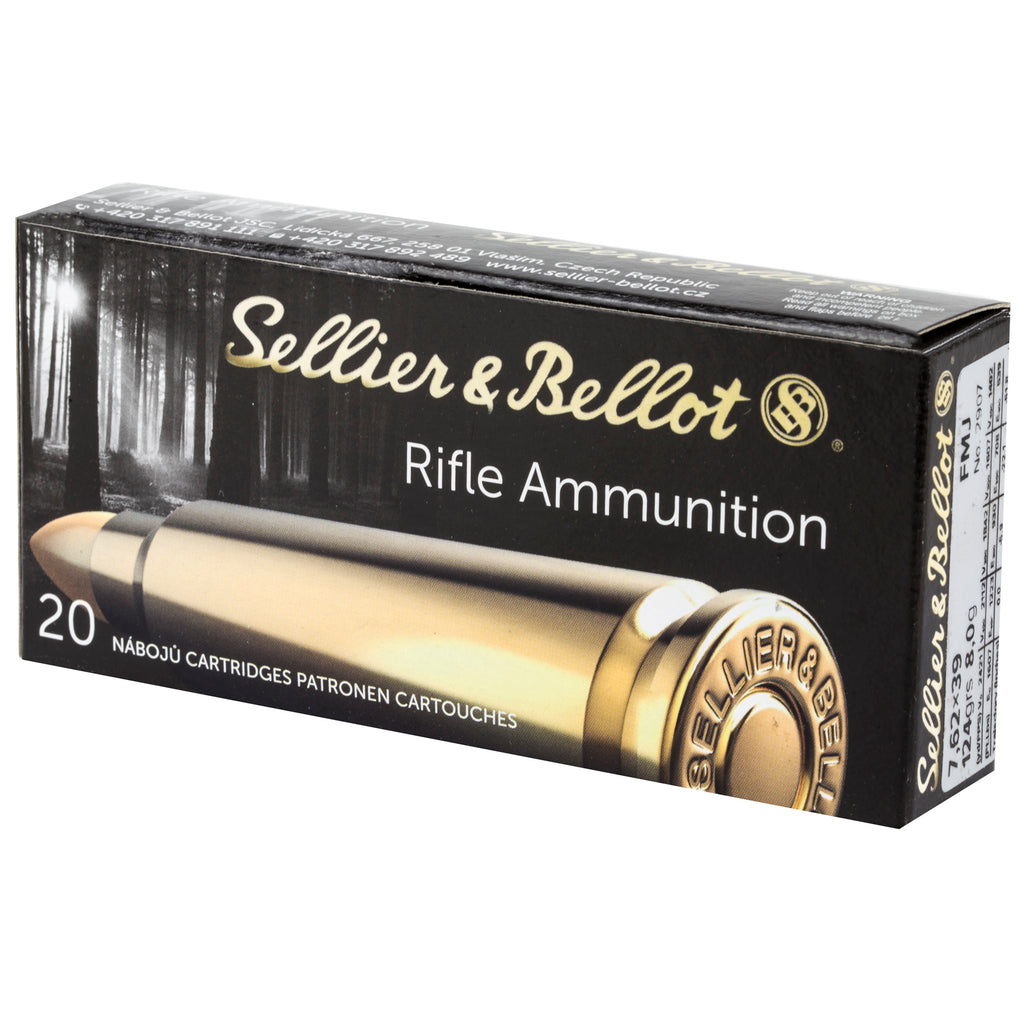 Sellier & Bellot 7.62x39mm Rifle Ammunition, 124 Grain Full Metal Jacket (FMJ), 20 Rounds Per Box