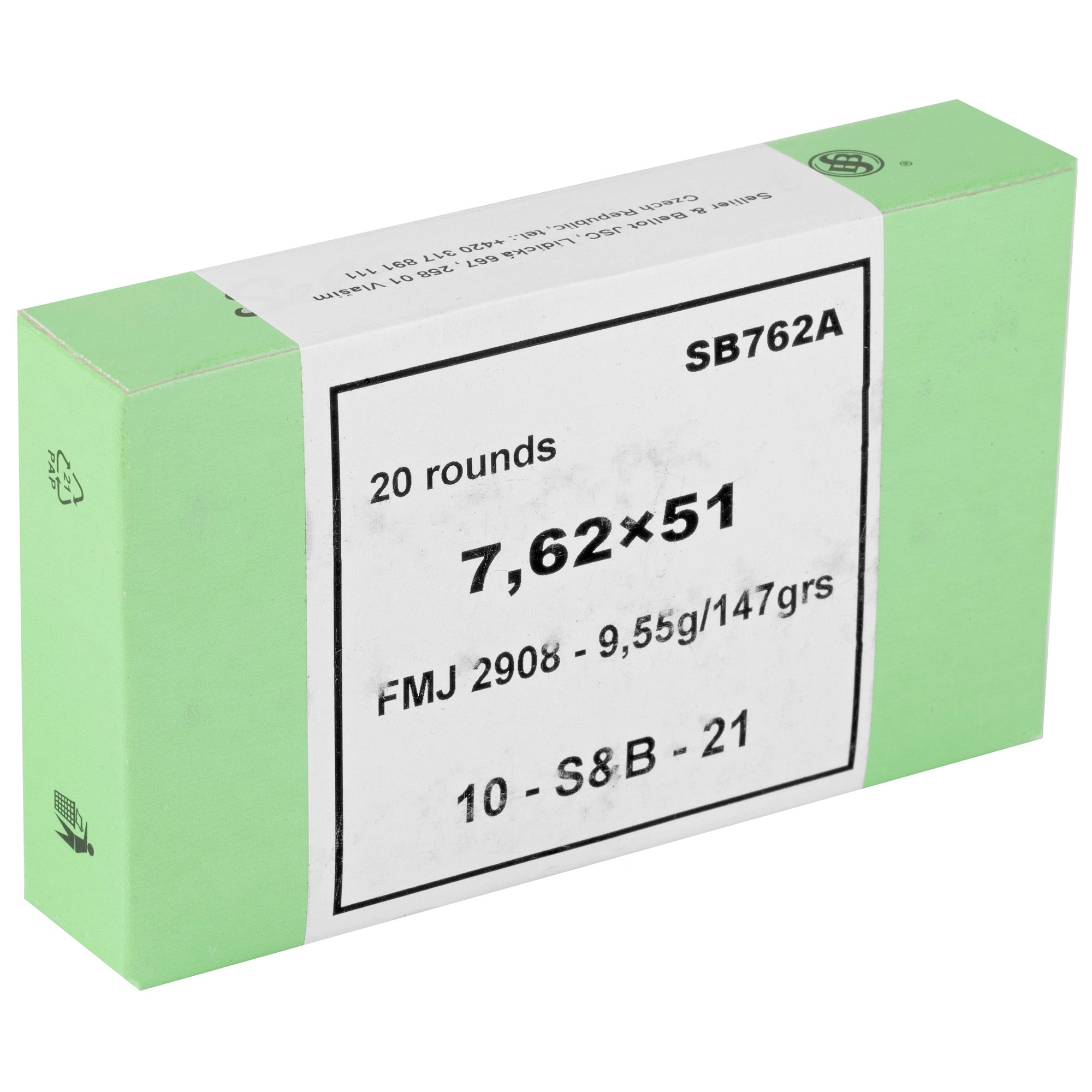 Sellier & Bellot 762x51 NATO 147 Grain Full Metal Jacket Rifle Ammunition - Box of 20