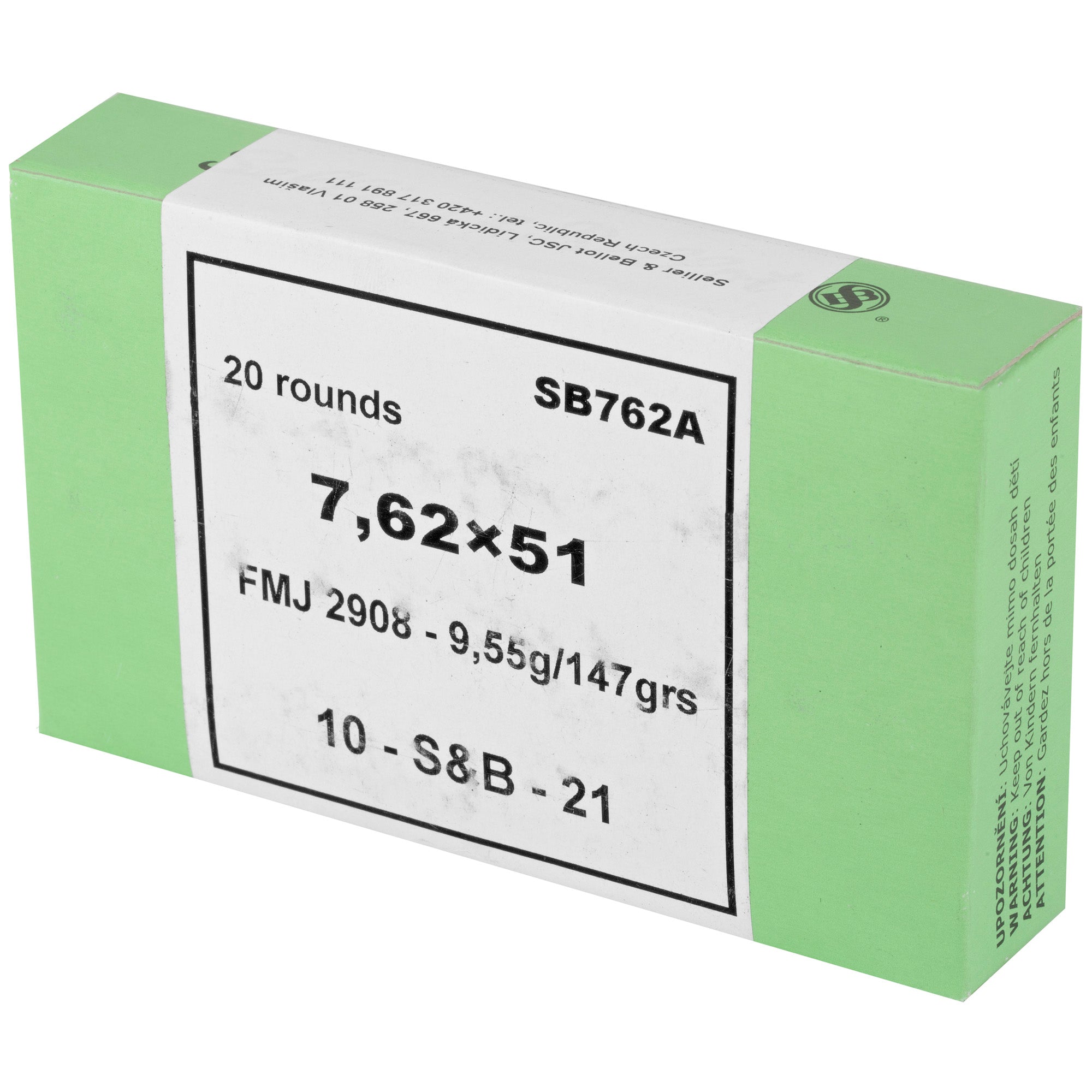 Sellier & Bellot 762x51 NATO 147 Grain Full Metal Jacket Rifle Ammunition - Box of 20