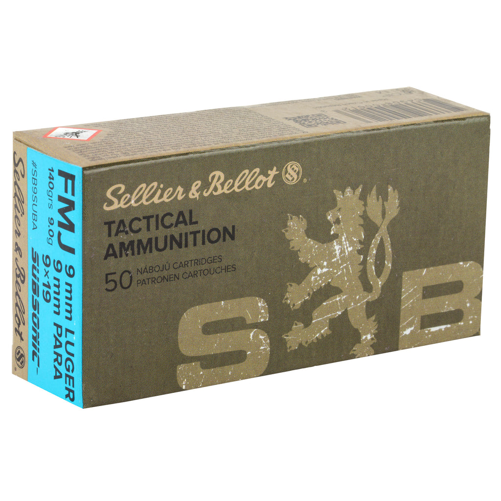 Sellier & Bellot 9mm Subsonic 140 Grain Full Metal Jacket Ammunition, 50 Rounds per Box