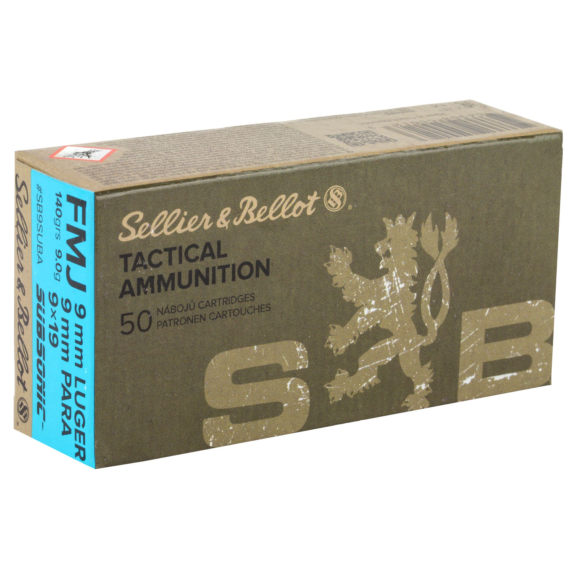 Sellier & Bellot 9mm Subsonic 140 Grain Full Metal Jacket Ammunition, 50 Rounds per Box