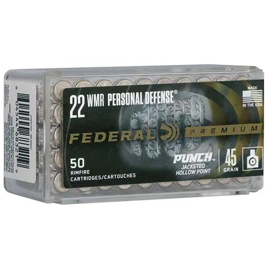 Federal 22 Magnum Personal Defense Punch JHP Ammunition - 45 Grain, Nickel-Plated Brass Casings, 50 Rounds Per Box