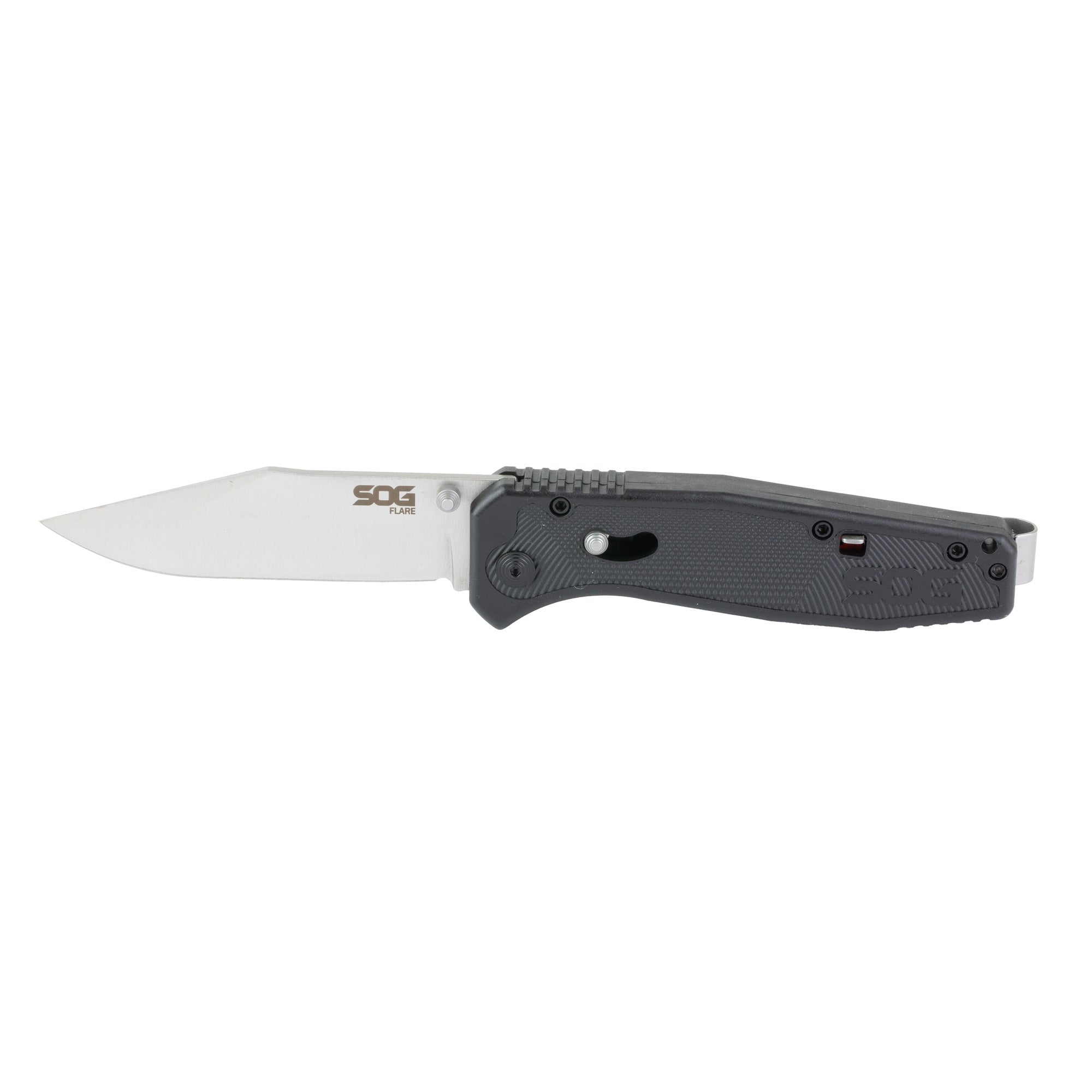SOG Flare Satin Assisted Folding Knife with Black Handle and Reversible Pocket Clip