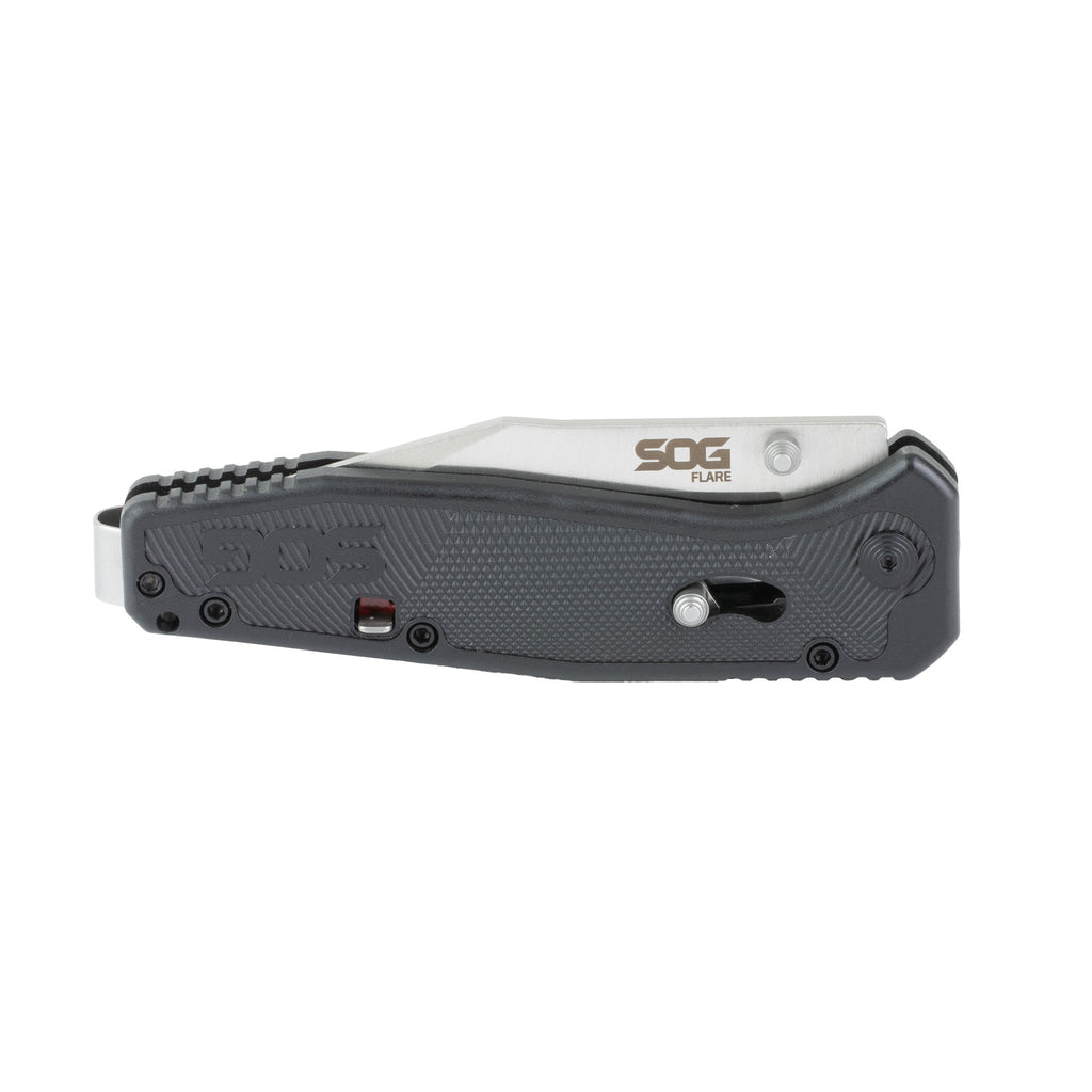 SOG Flare Satin Assisted Folding Knife with Black Handle and Reversible Pocket Clip