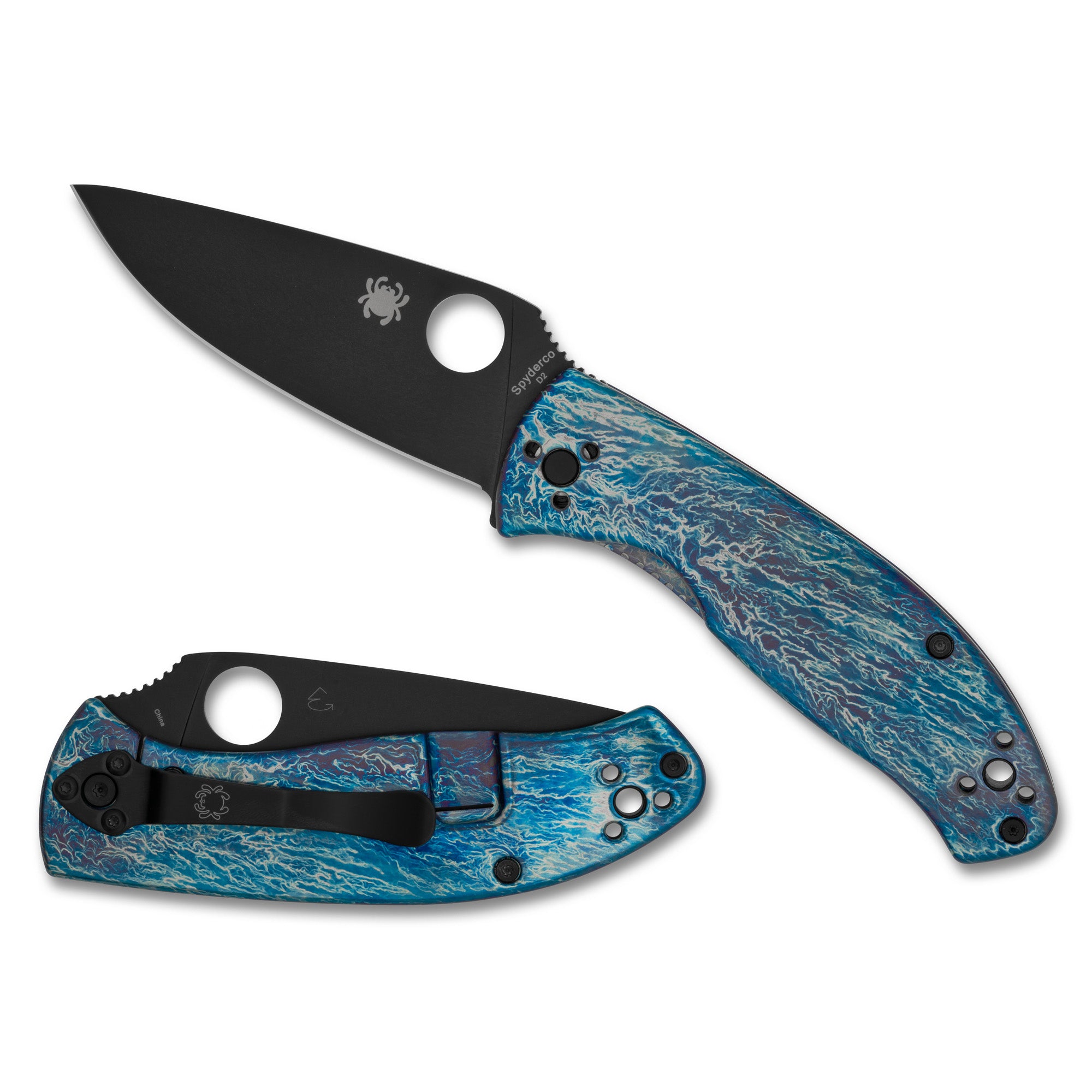 Spyderco Tenacious TI Disarray Folding Knife with Black Coated D2 Steel Blade and Blue Titanium Scales