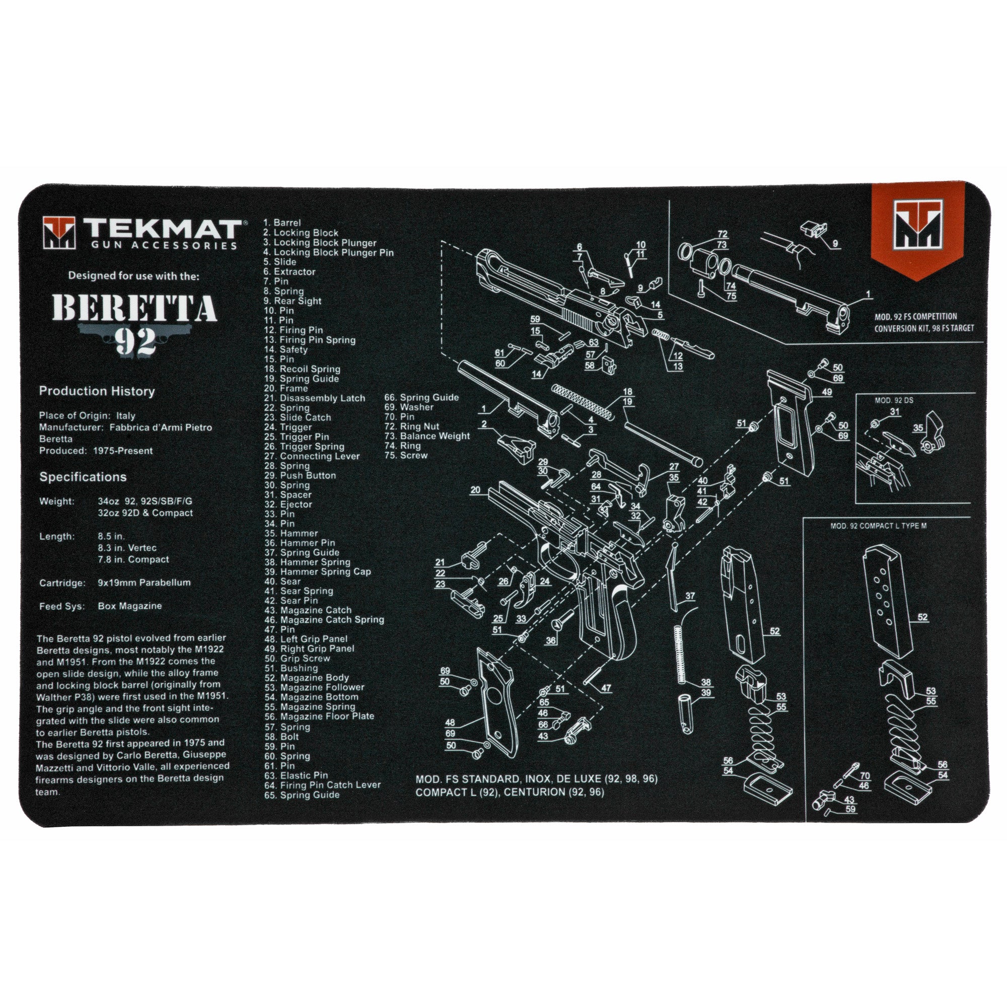 TekMat Beretta 92 Pistol Cleaning and Maintenance Mat
