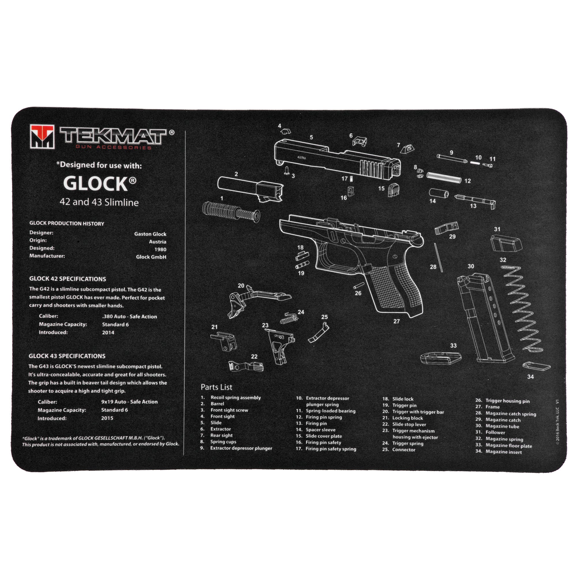 TekMat Pistol Mat for Glock 42/43 by TekMat – 11x17 Inch Gun Cleaning Mat with Exploded Diagram