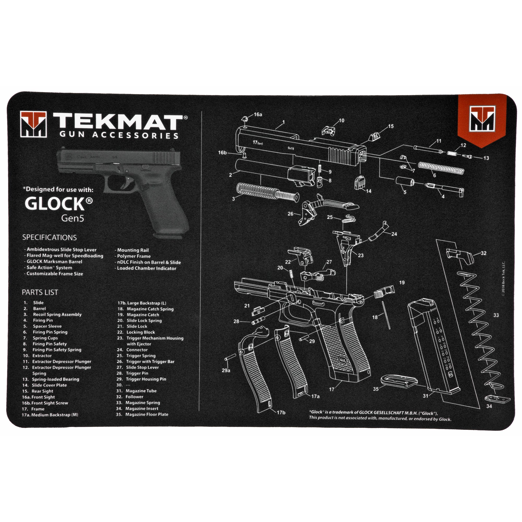 TekMat Glock Gen 5 Pistol Mat with Exploded Diagram and Protective Surface