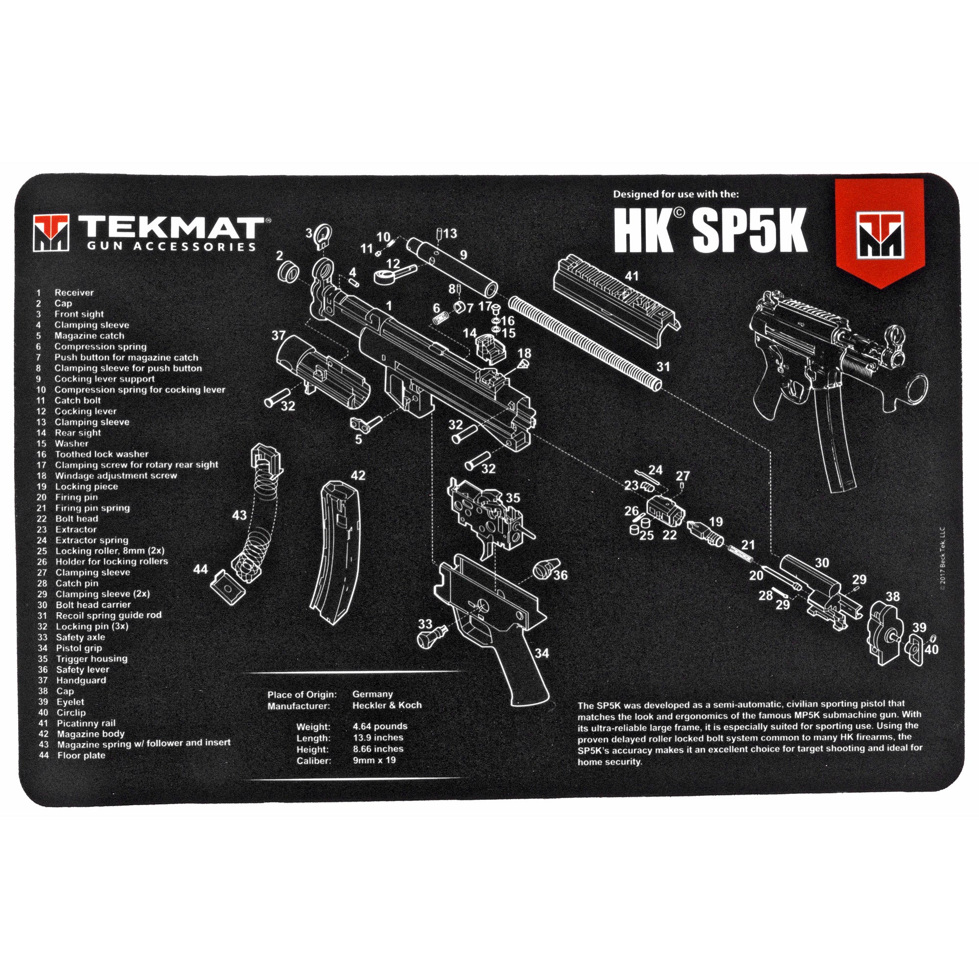 TekMat Pistol Mat for H&K SP5K – 11x17-inch Gun Cleaning and Maintenance Mat