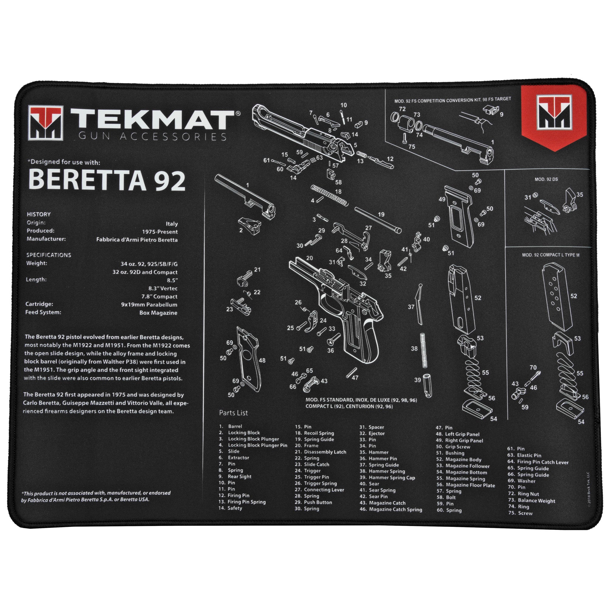 TekMat Ultra Premium Disassembly Mat for Beretta 92 - 15 x 20 Inches