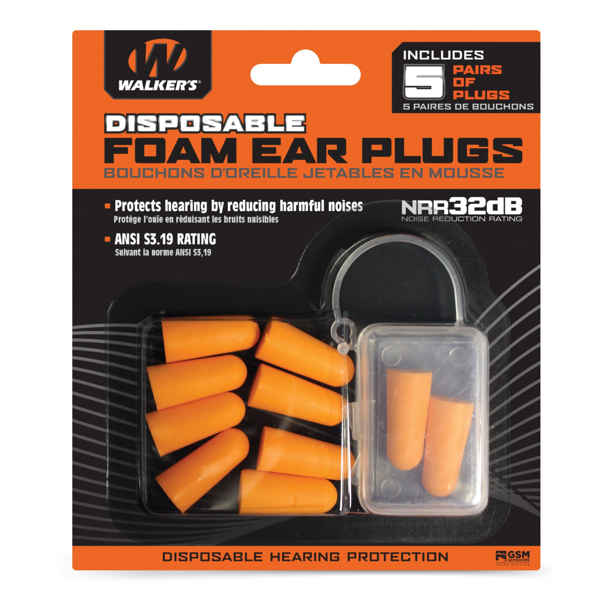Walker's Foam Ear Plugs 5-Pack - Hearing Protection and Noise Reduction (Orange)