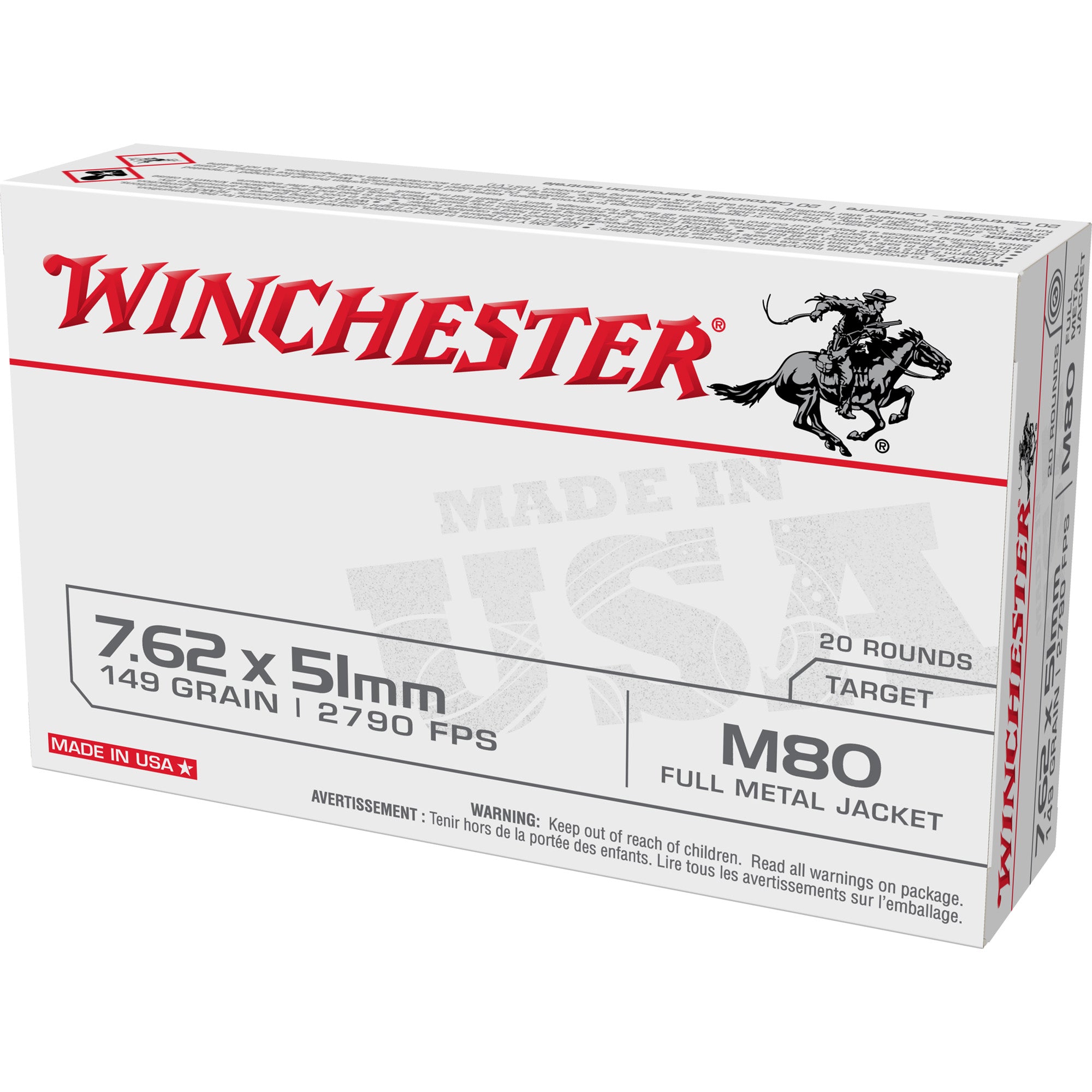 Winchester Ammunition M80 7.62x51mm NATO 149-Grain FMJ - 20 Rounds per Box, 500 per Case
