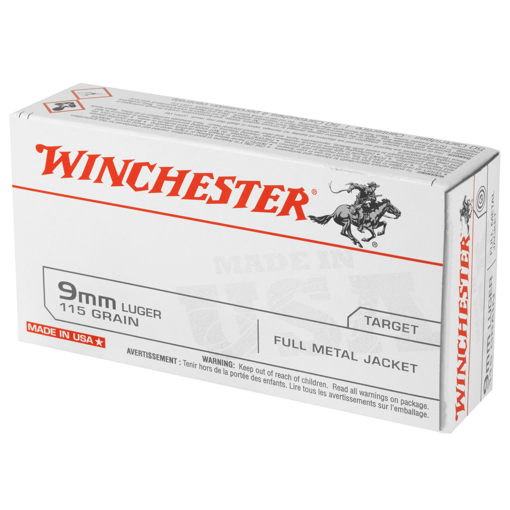 Winchester Ammunition USA 9mm 115 Grain FMJ – Reliable Full Metal Jacket Ammo, 50 Rds per Box