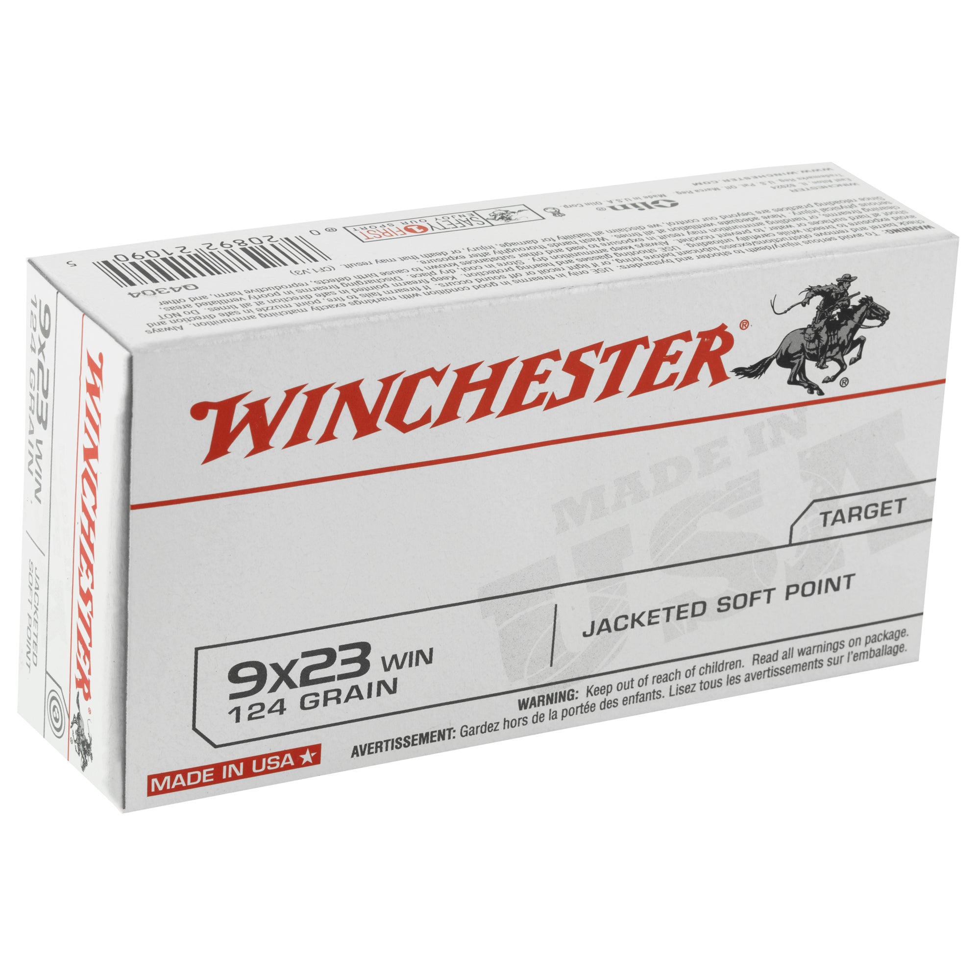 Winchester Ammunition USA 9x23 Winchester 124-Grain Jacketed Soft Point – 50 Rounds per Box, 500 per Case
