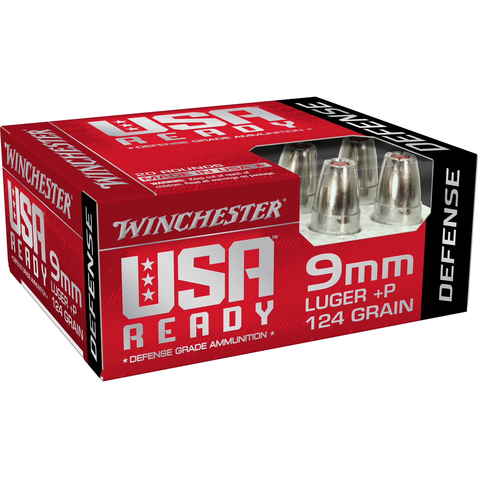 Winchester Ammunition USA Ready 9mm Luger +P Hollow Point 124 Grain - 20 Rounds Per Box