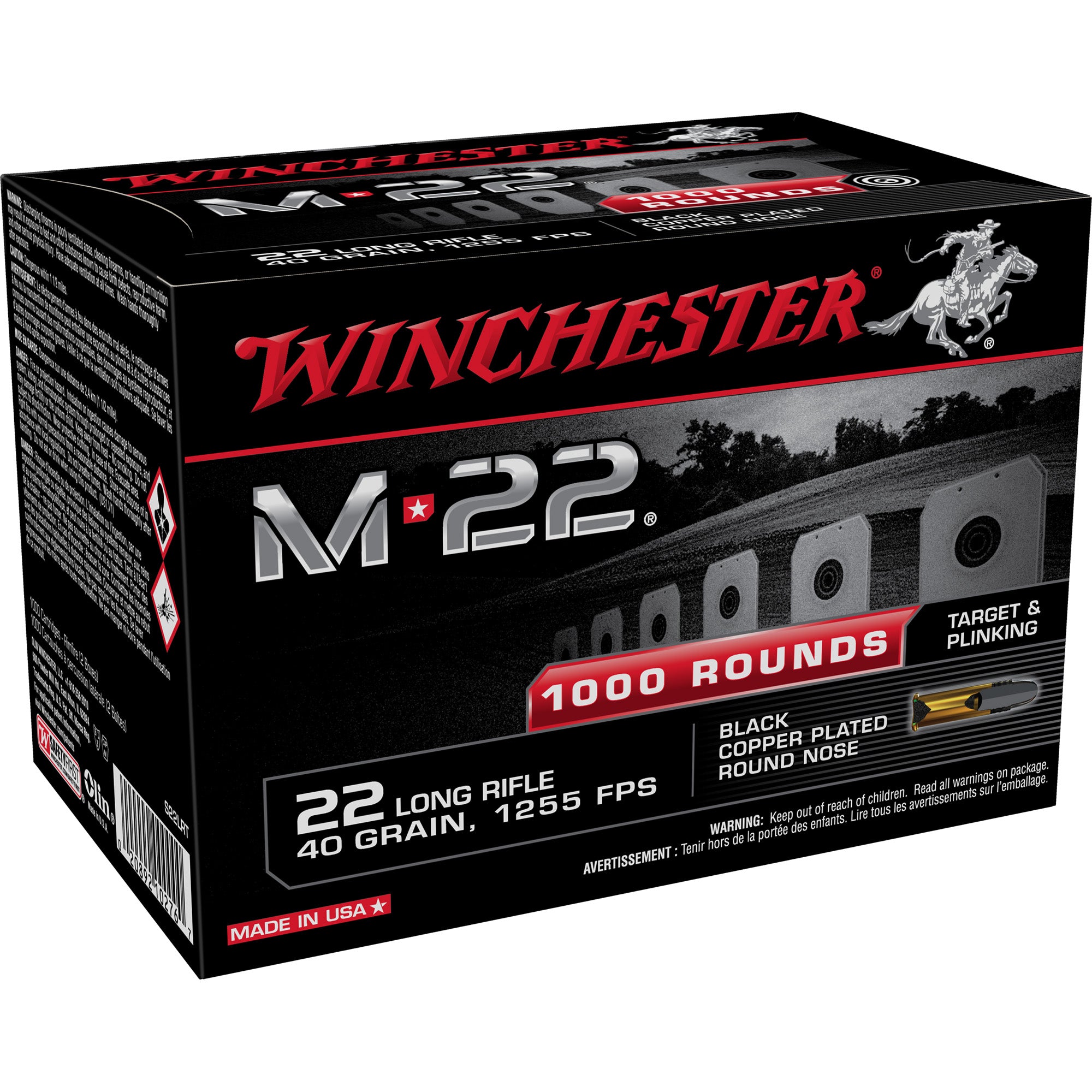 Winchester Ammunition M22 .22 LR Copper Plated Round Nose 40 Grain - 1000 Rounds per Box, 2000 per Case