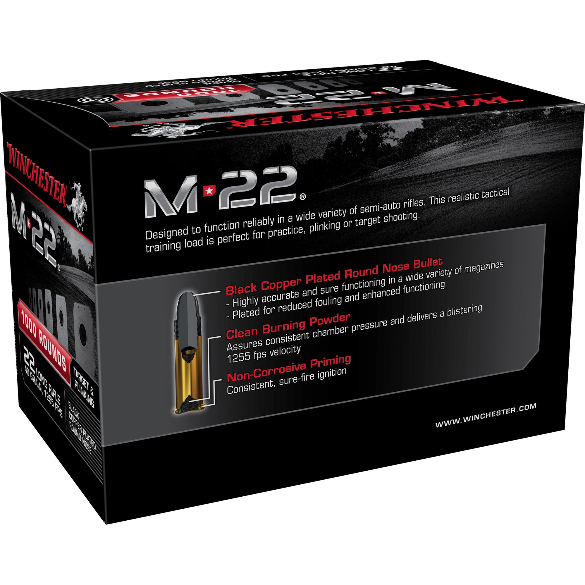 Winchester Ammunition M22 .22 LR Copper Plated Round Nose 40 Grain - 1000 Rounds per Box, 2000 per Case