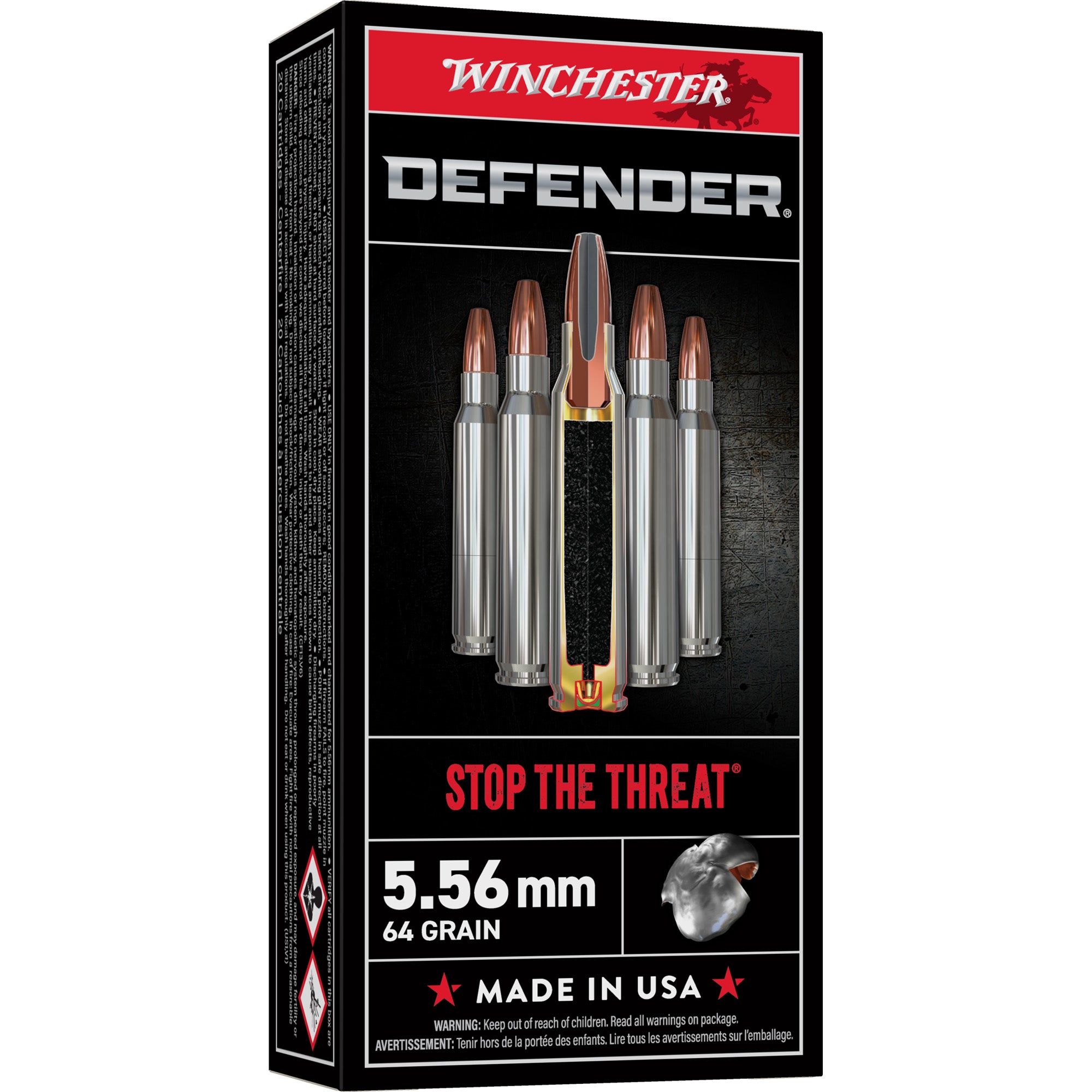 Winchester Ammunition Defender 5.56mm 64-Grain Pointed Soft Point Ammo - 20 Rounds per Box