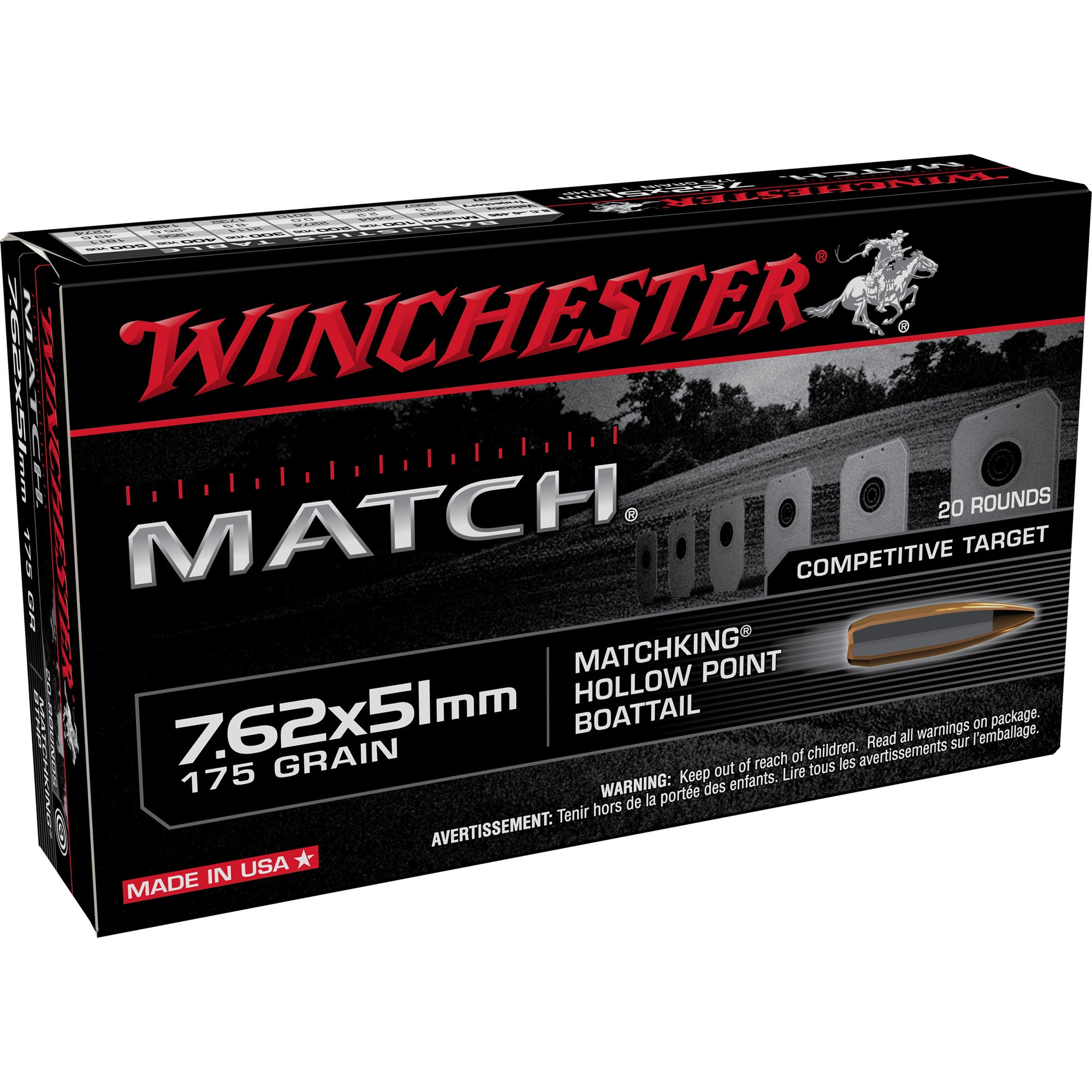 Winchester Match 7.62x51 NATO 175 Grain Boat Tail Hollow Point Ammunition - 20 Rounds per Box