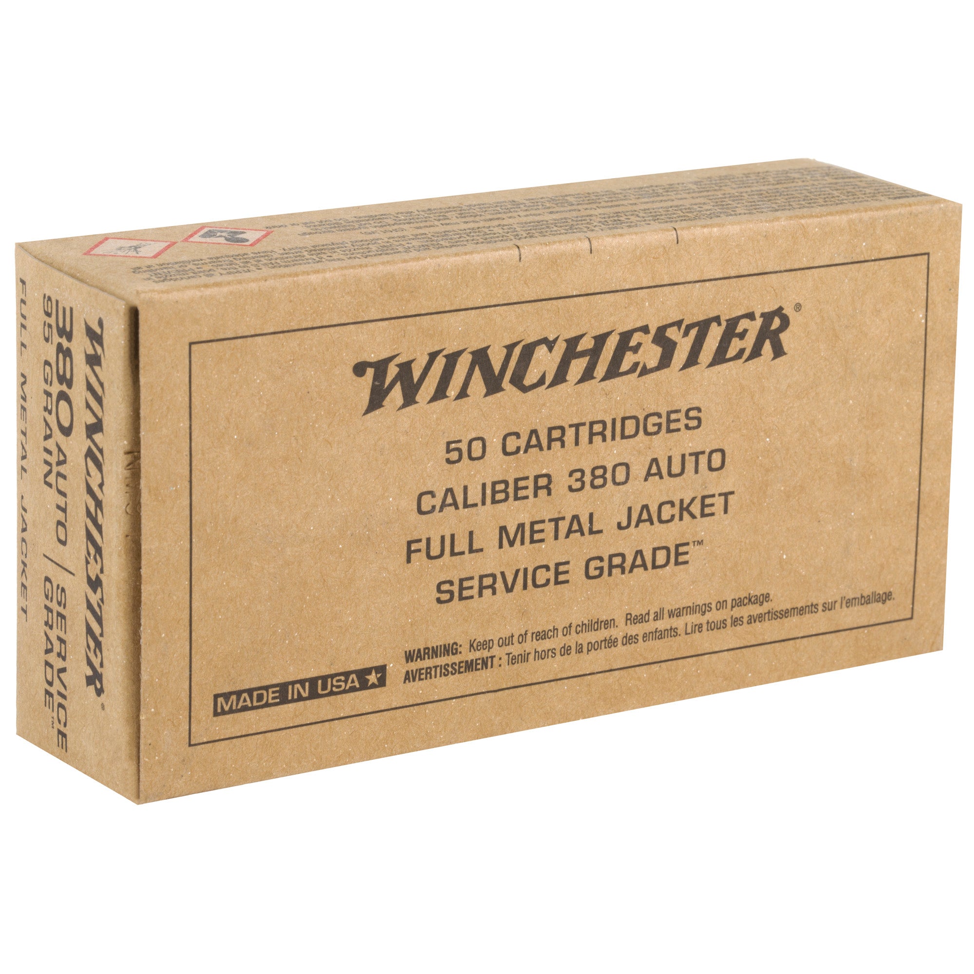 Winchester Ammunition Service Grade .380 ACP 95 Grain Full Metal Jacket – 50 Rounds per Box