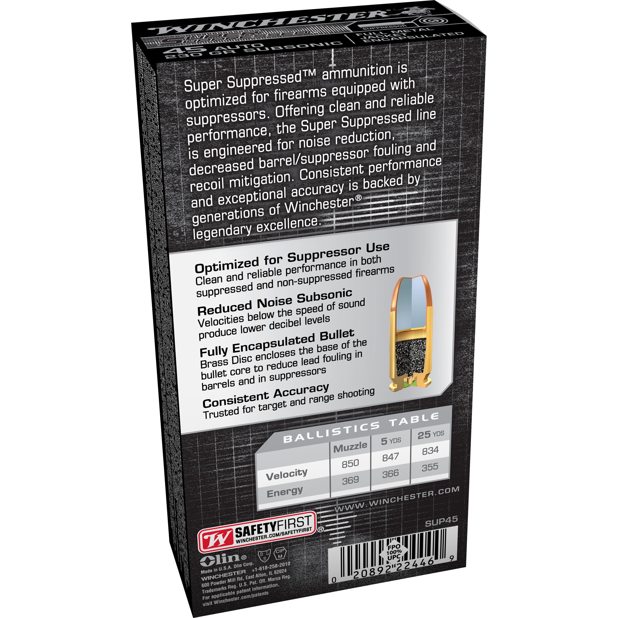 Winchester Ammunition Super Suppressed 45 ACP 230-Grain Full Metal Jacket (50 Rounds per Box)
